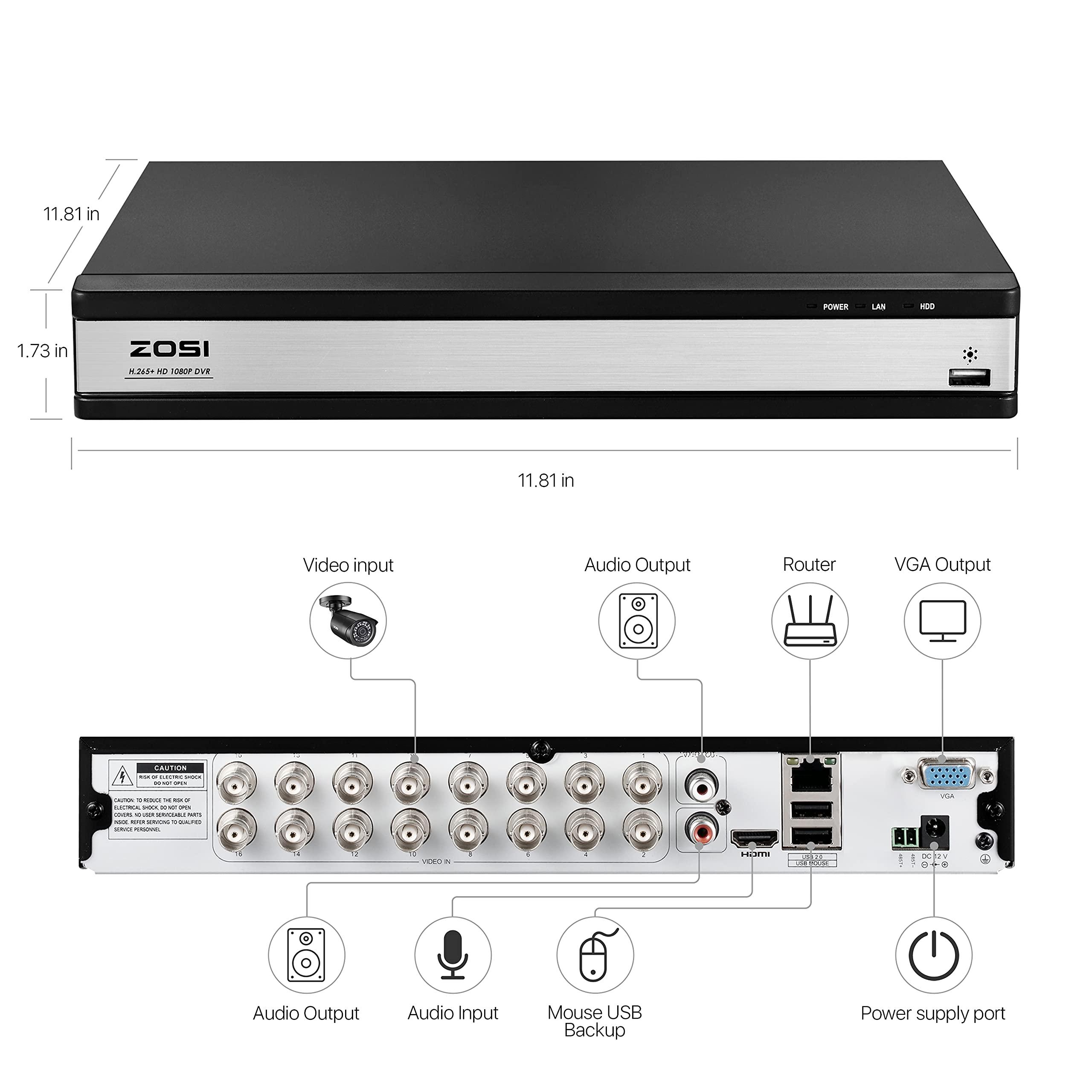 ZOSI ZOSI 16 Channel H.265+ Home Security DVR Recorder, 1080P Lite Hybrid 4-in-1(Analog/AHD/TVI/CVI) CCTV DVR for Security Camera, Motion Detection, Mobile Remote Control, Alert Push (2TB HDD Included)