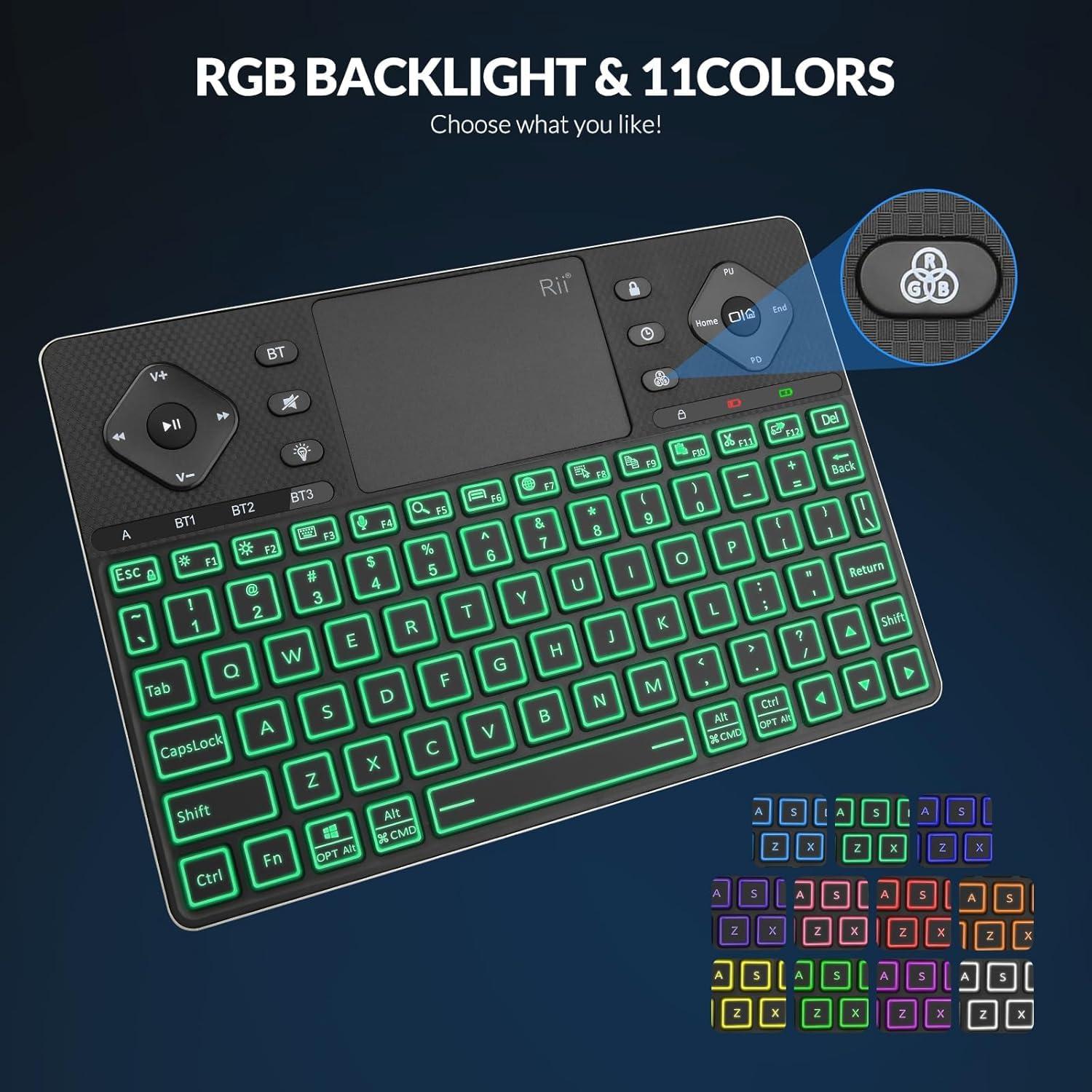 Rii Rii Wireless Keyboard K16,Bluetooth Keyboard with Touch Pad, Rechargeable Keyboard with RGB Backlit,Multimedia Compact Keyboard for Android TV,Projector,HTPC,Smart TV,Tablet,iPad,PC,Laptop