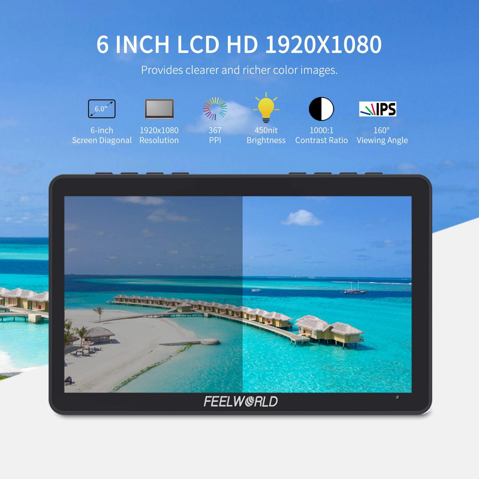 FEELWORLD FEELWORLD Video Camera Monitor 6 Inch Touch Screen DSLR HDMI Field Monitor with F750 Battery 4400mAh + Bag IPS FHD1920x1080 4K HDMI Input Output 5 V Type c Input F5PROV4