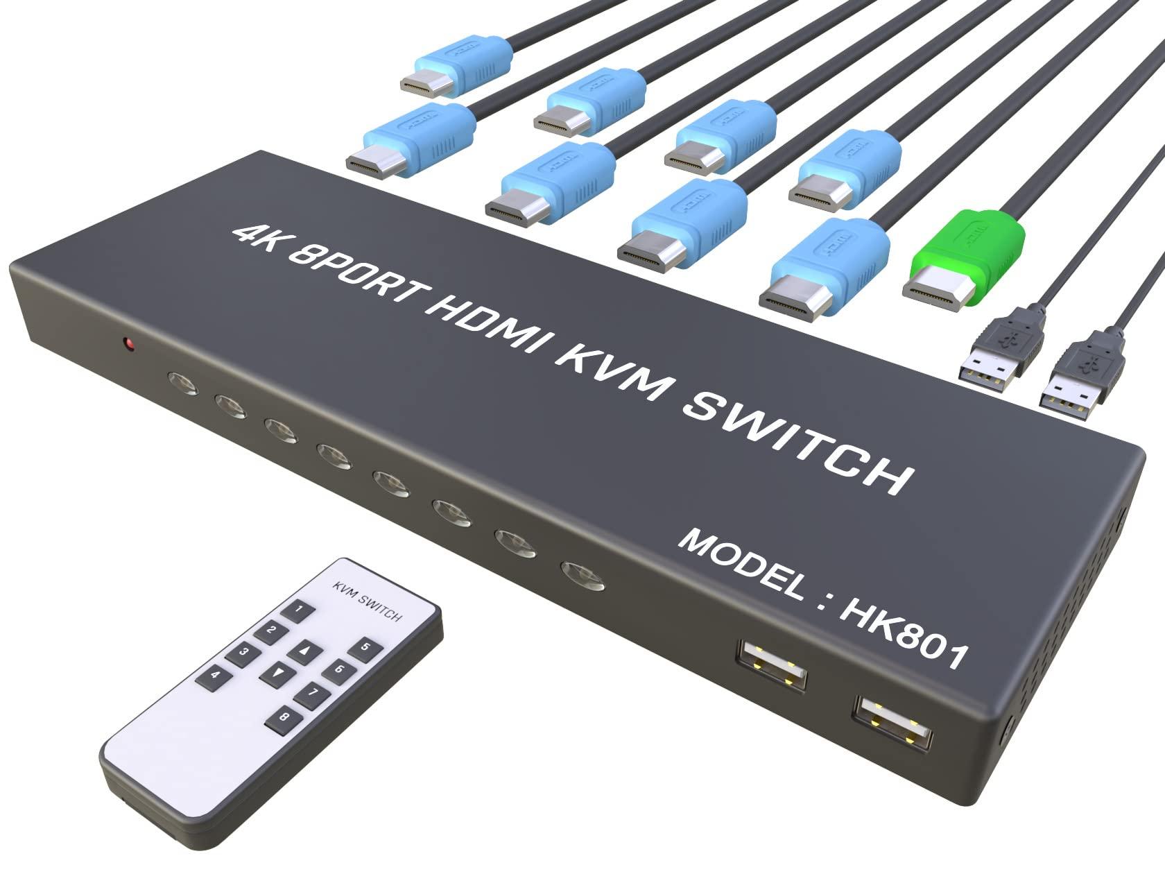 KAGO KVM Switch HDMI 8 Port - HDMI Switch with Remote- USB Switch Selector for 8 Computers Share Keyboard Mouse Printer,Flash Drive,HD Monitor, Support 4K@30Hz, 8 KVM Cables 1 Remote Included