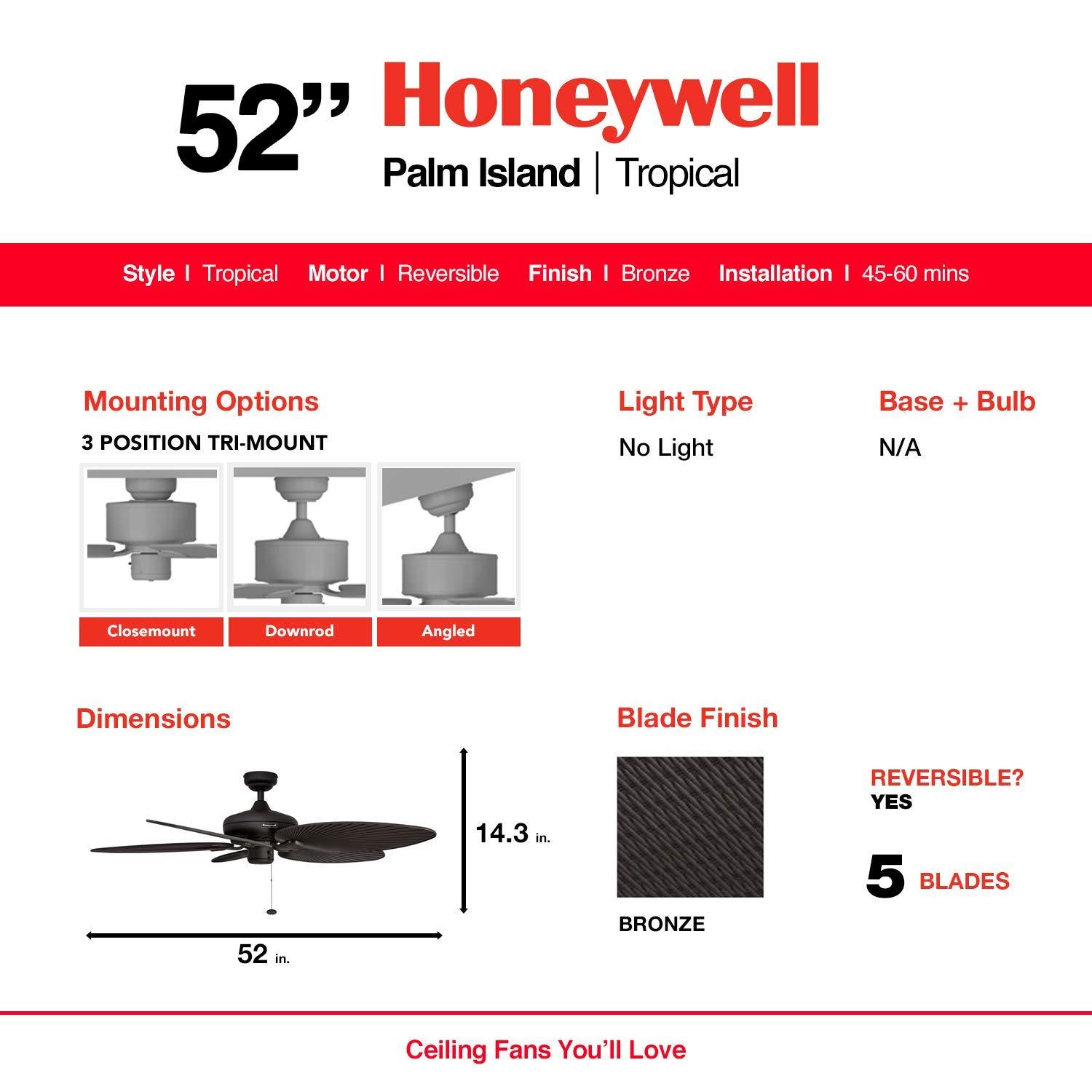 Honeywell Ceiling Fans Honeywell Ceiling Fans Palm Island, 52 Inch Tropical Indoor Outdoor Ceiling Fan with No Light, Pull Chain, Three Mounting Options, 5 Palm Leaf Blades, Wet-Rated - 50207-01 (Bronze)