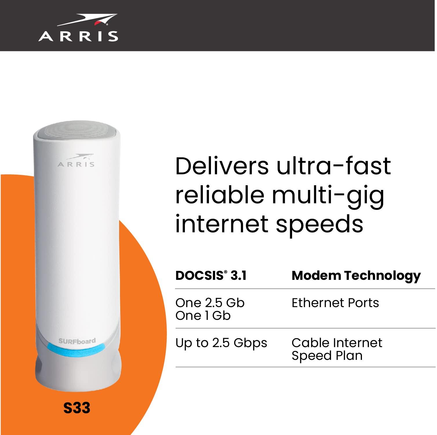 ARRIS ARRIS - SURFboard S33 32 x 8 DOCSIS 3.1 Multi-Gig Cable Modem with 2.5 Gbps (Renewed)