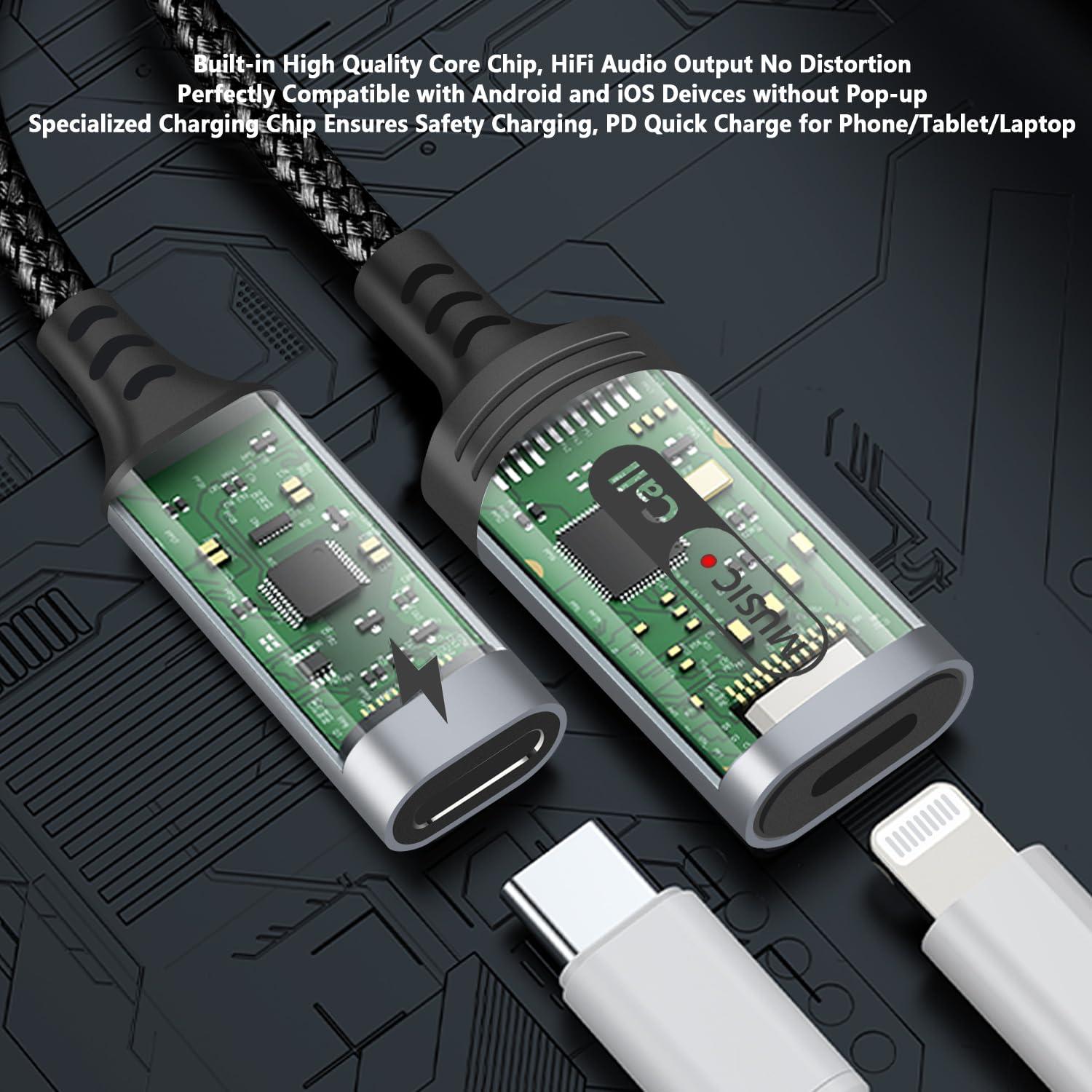 LecLooc USB C to Lightning Audio and Charge Adapter for iPhone 16 15 Pro, USB Type C Male to Female Lightning Headphone & Type C Charge Converter Fit with i-Pad Pro, MacBook,Galaxy S24 23 S22, Pixel 9 8 7