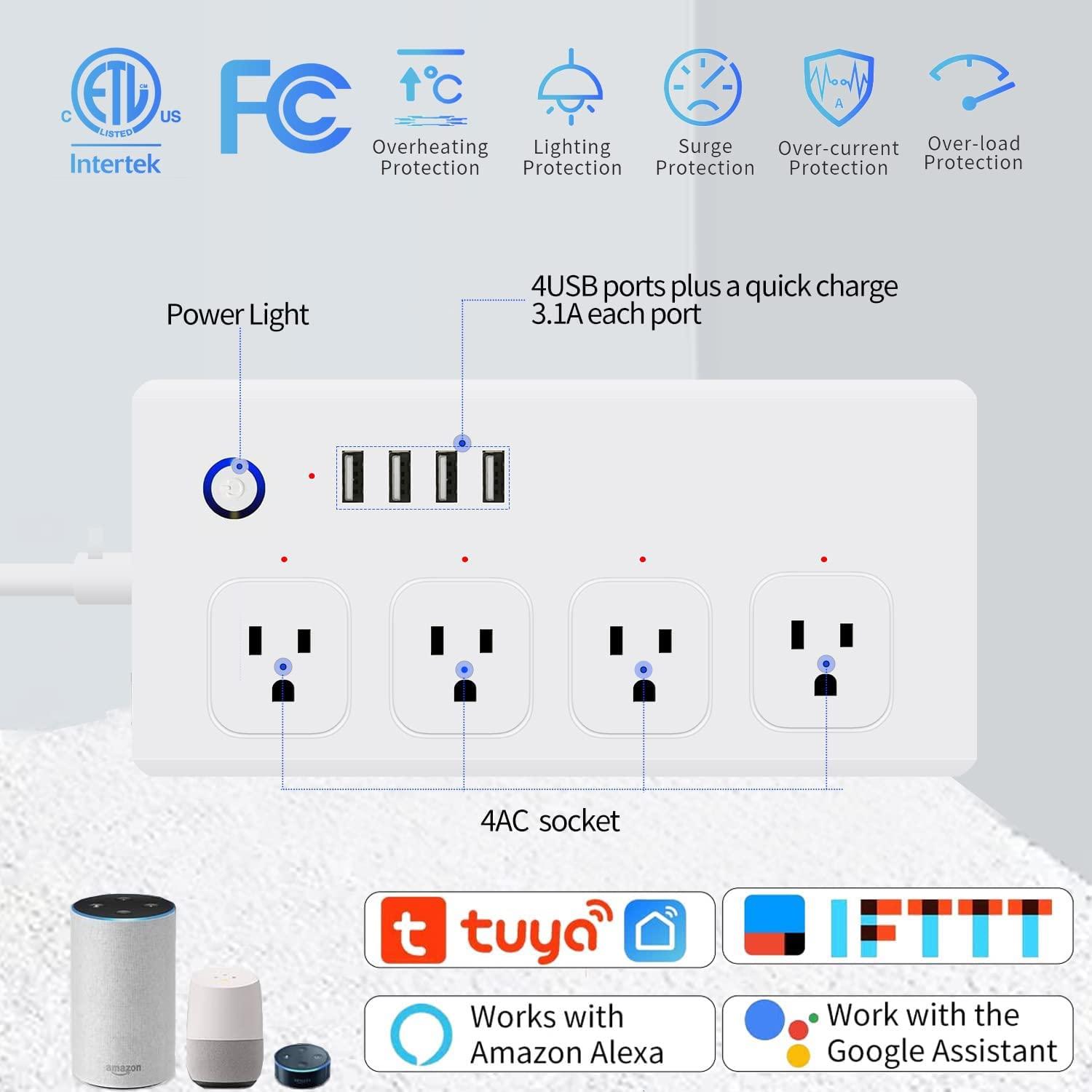 UseeLink Smart Power Strip, UseeLink WiFi Surge Protector Compatible with Alexa & Google Home, Smart Plug with 4 USB Ports & 4 AC Outlets, Voice and Remote Control & Timer Schedule, 5ft Extension Cord