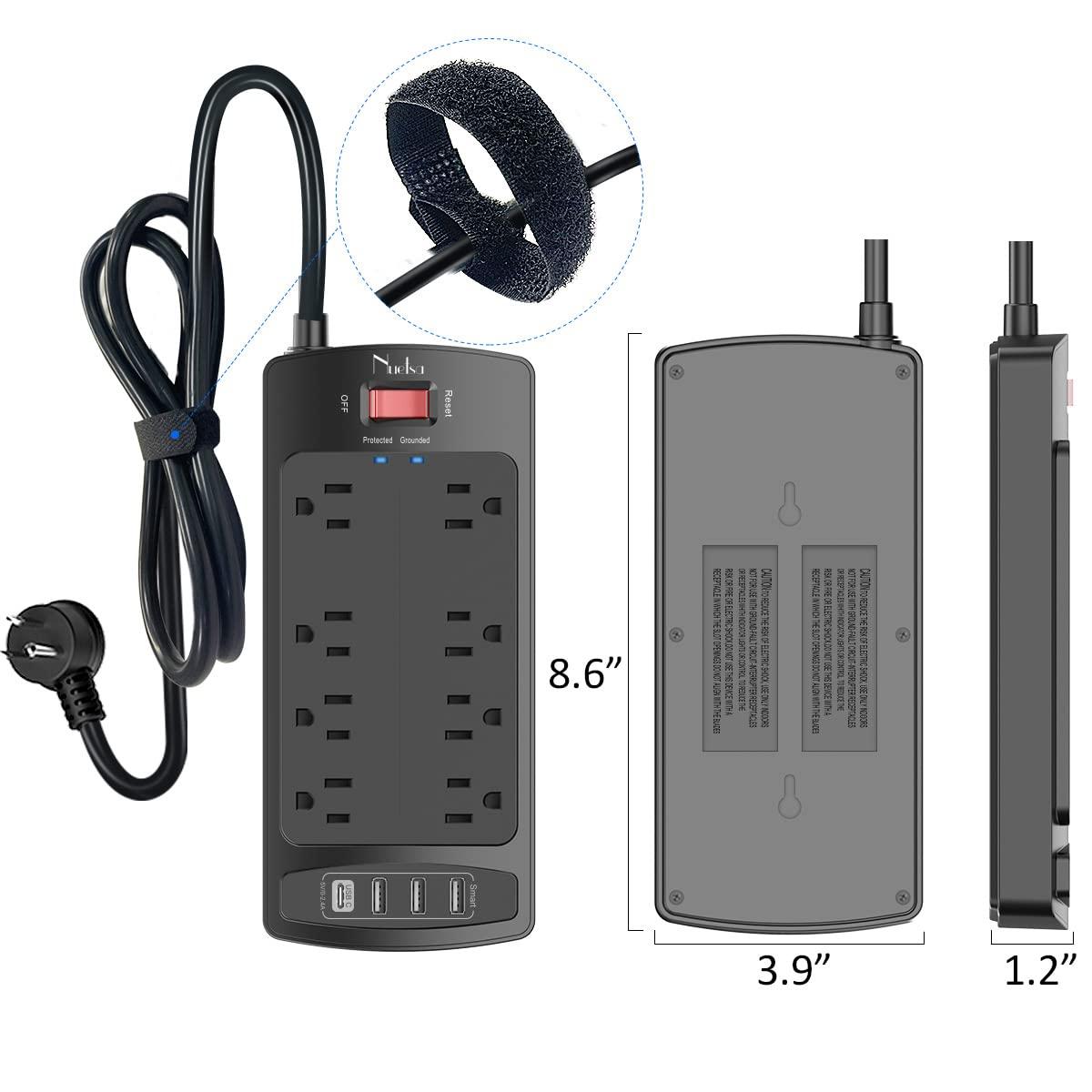 Nuetsa Surge Protector Power Strip - Nuetsa Flat Plug Extension Cord with 8 Outlets and 4 USB Ports, 6 Feet Power Cord (1625W/13A), 2700 Joules, ETL Listed, Black