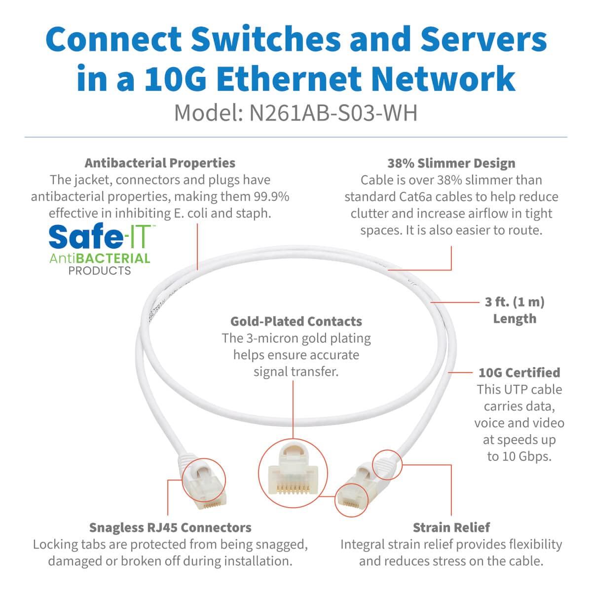 Tripp Lite Tripp Lite, Safe-IT, Cat6a Ethernet Cable, Bacteria Resistant, 10G Certified Snagless, Slim UTP Jacket (RJ45 M/M), White, 3 Feet / 0.9 Meters, Lifetime Limited Warranty (N261AB-S03-WH)