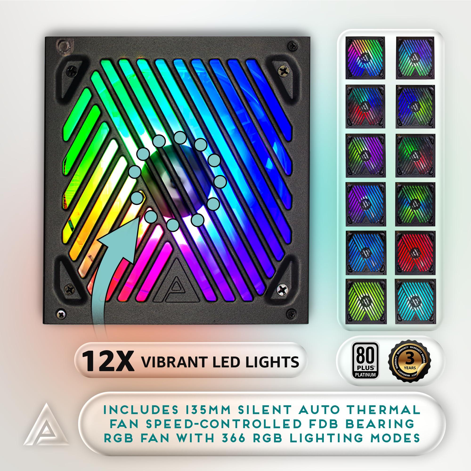 Apevia Apevia ATX-MT1200W Mystic 1200W Fully Modular 80+ Platinum Certified, PCIe 5.0 & ATX 3.0 Ready Active PFC ATX RGB Gaming Power Supply, Includes Gen 5 12VHPWR Connector & 366 RGB Light Modes