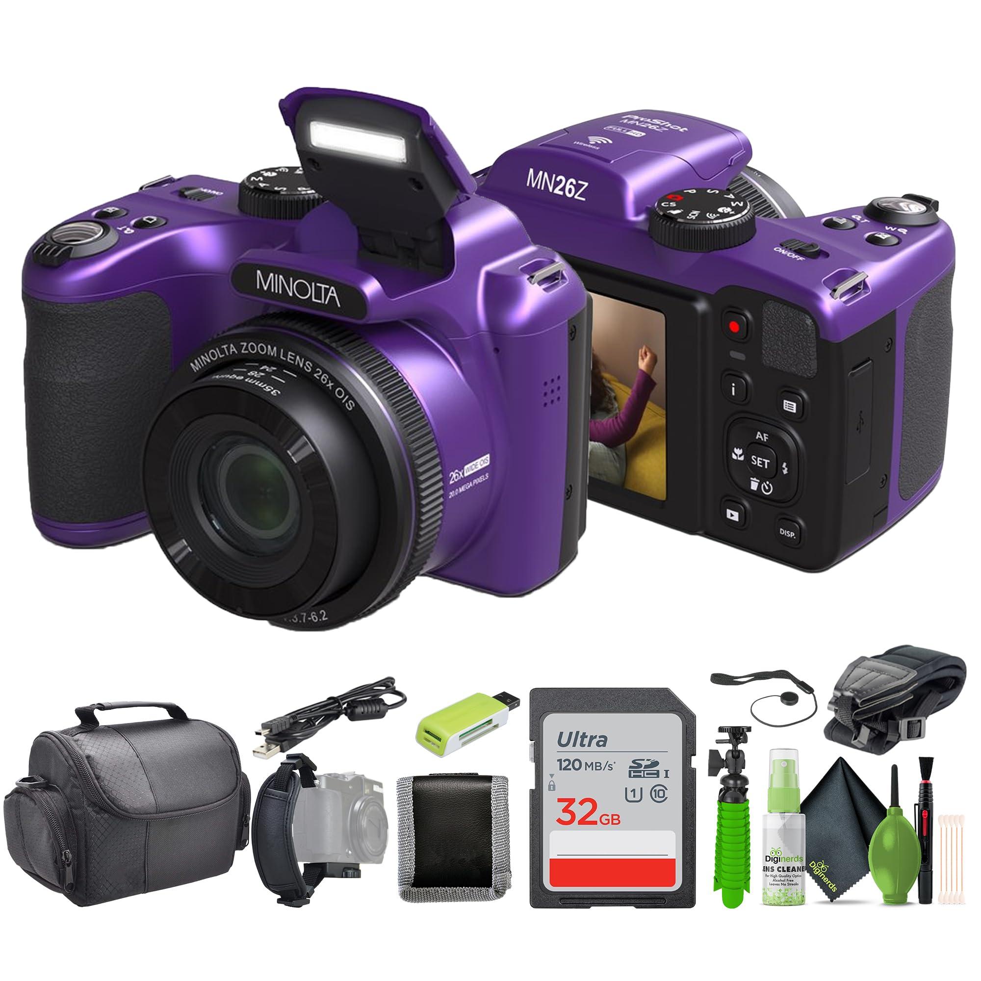 Minolta Minolta 20 Mega Pixels 26x Optical Zoom Digital Camera with 1080p FHD Video Bundle with 32 GB Memory Card + Vlogging Tripod + Cleaning kit + More Accessories - Purple