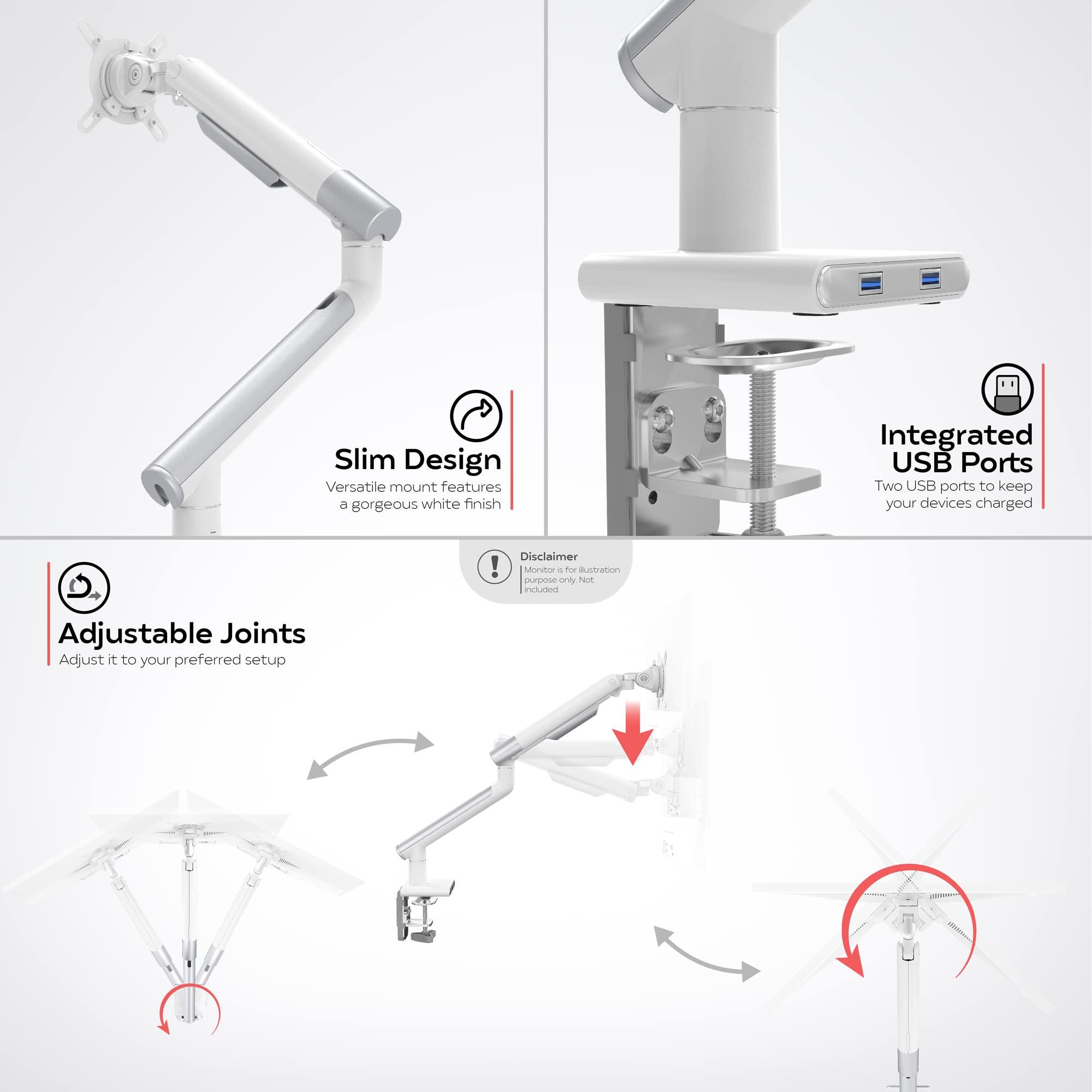 CTA Digital Single Monitor Arm Mount - CTA White Monitor Mount for 23" to 35" Monitors - w/Dual USB 3.0 Hub Ports & Arm Clamp for Desks - White (ADD-SSMA)