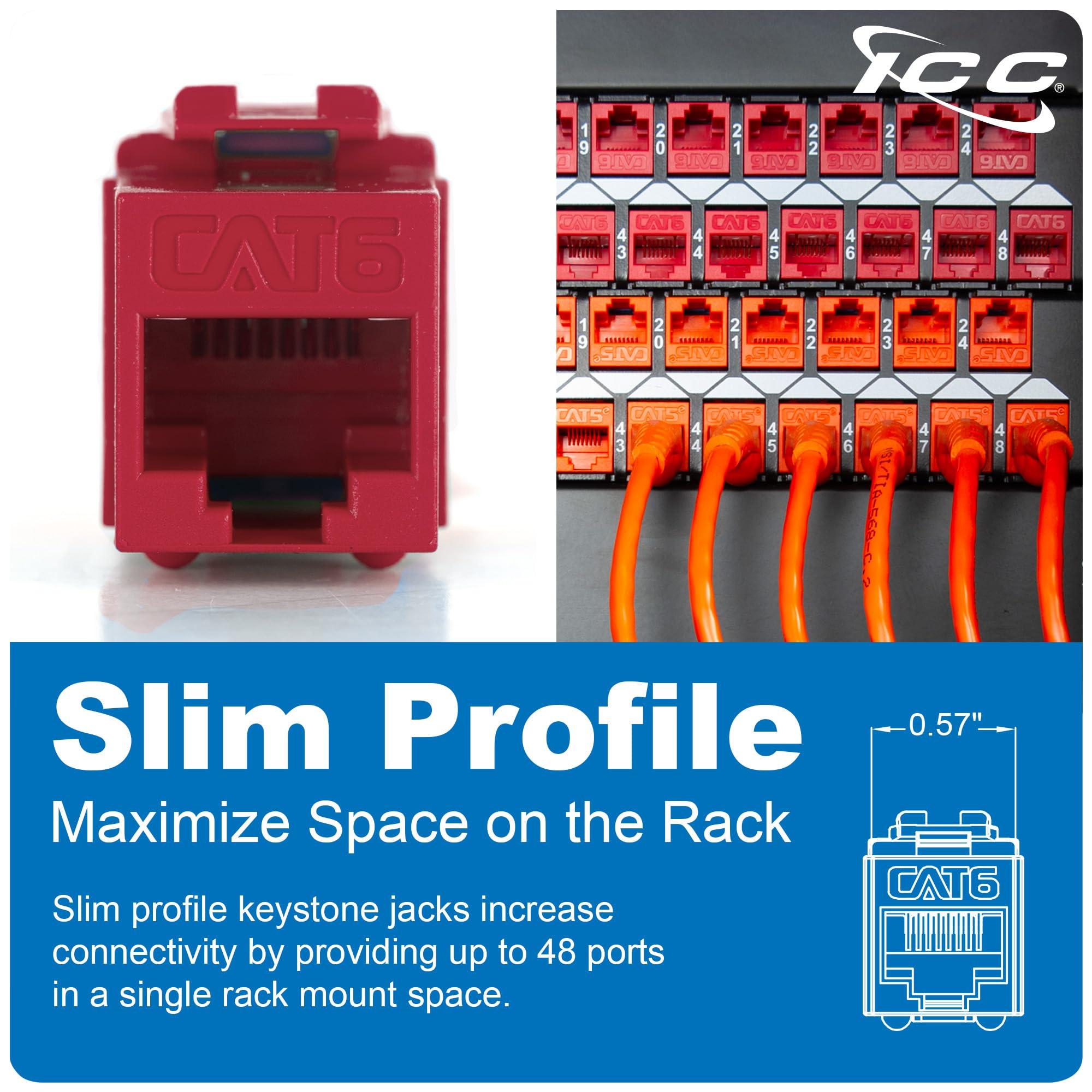 ICC ICC CAT6 Keystone Jack with Slim Profile 180 Degree Punch Down, RJ45 UL Listed PoE++ TAA Compliant for Wall Plate or Patch Panel, Works with JackEasy Termination Tool, Black 25 Pack