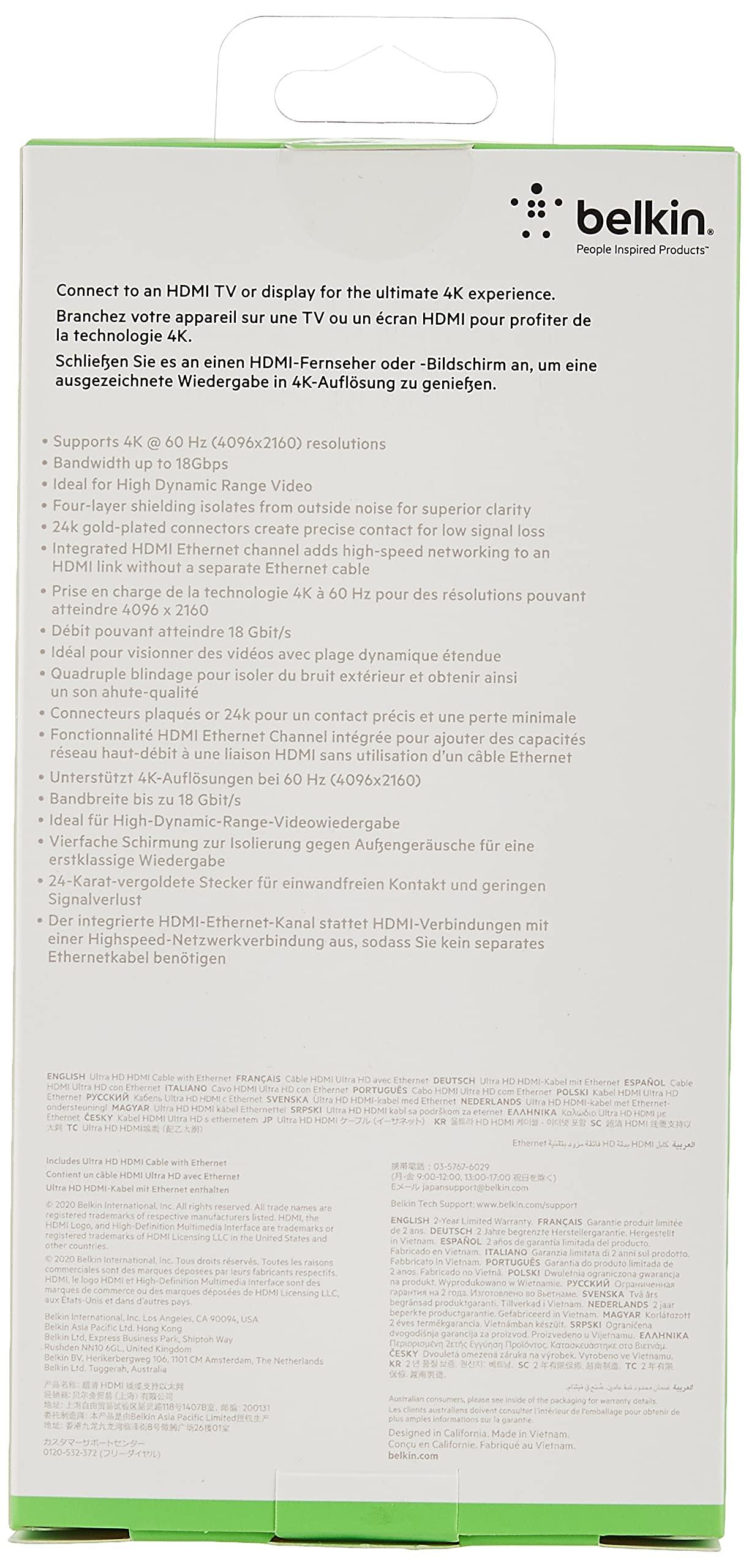 Belkin Belkin HDTV High-Speed HDMI Cable with Ethernet, 4K / Ultra HD Compatible (1 Meter / 3.3 Feet)