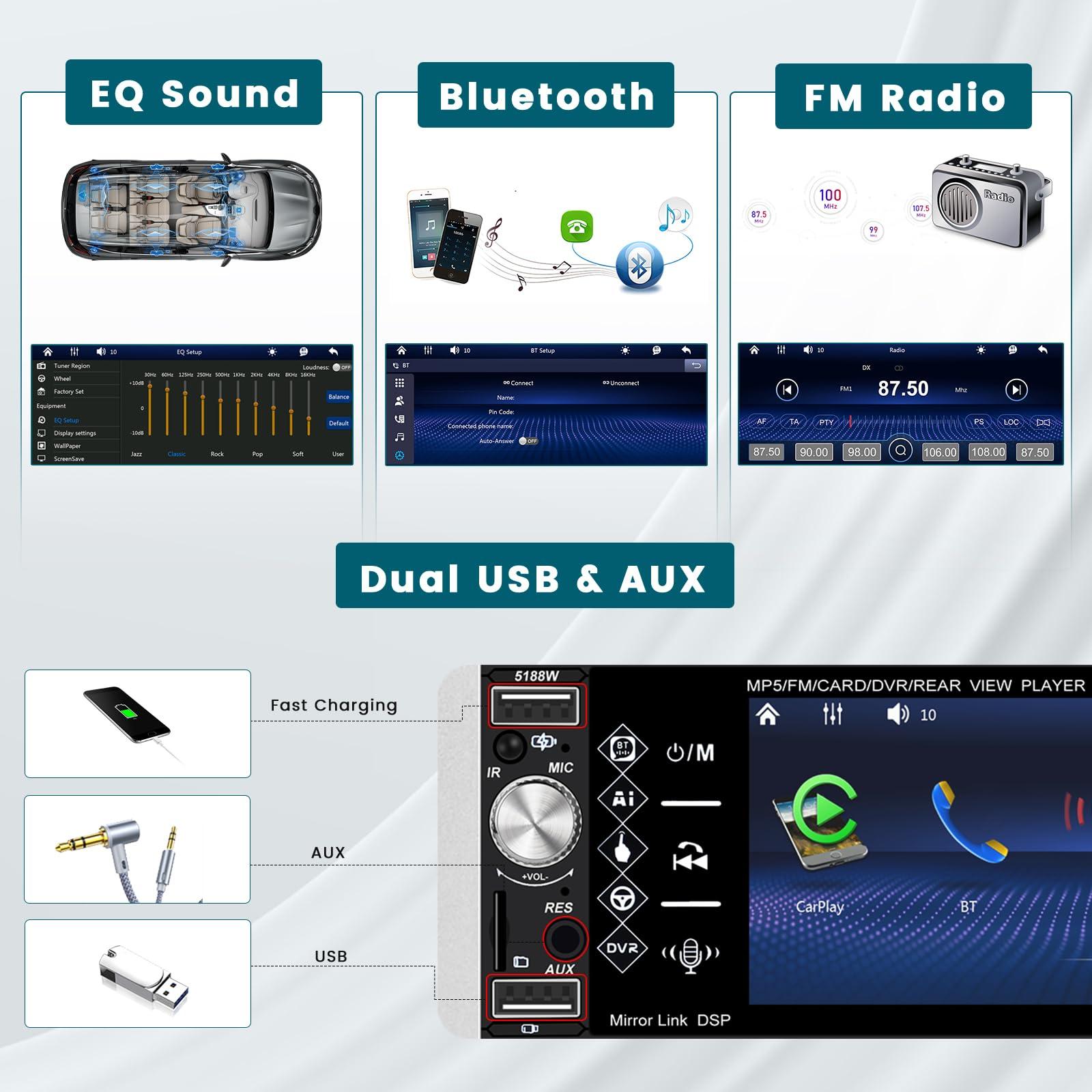 Hikity Hikity 5.1 Inch Car Stereo with Wireless Apple Carplay Android Auto, Single Din Touch Screen Car Radio with Bluetooth, Mirror Link AM FM EQ SWC, Car Audio Receiver with USB/TF/AUX-in, Mic, Backup Cam
