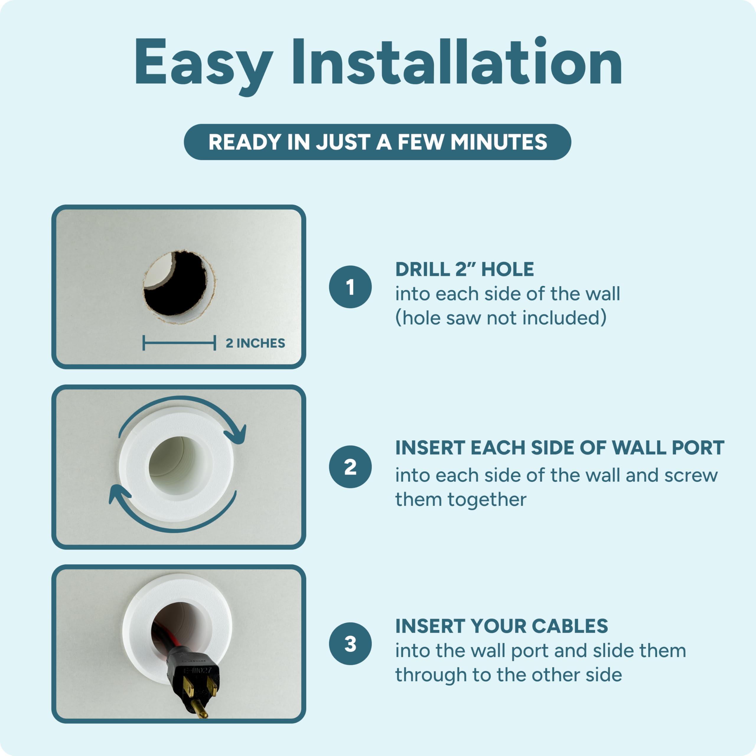 matterform Cable Pass Through Wall Port | Fits Cable Sizes up to 3-Prong Plug | Compatible with 3 5/8 - 5 1/4 Wall Thickness | Provides Solid Channel Through Wall (White)