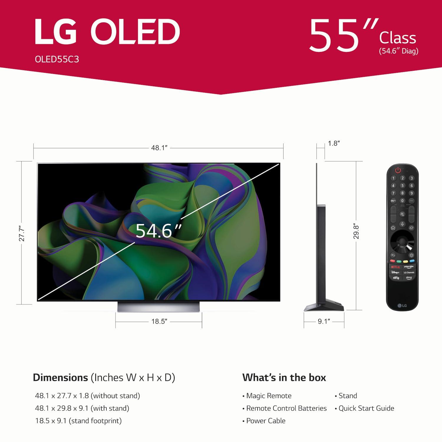 LG LG C3 Series 55-Inch Class OLED evo 4K Processor Smart Flat Screen TV for Gaming with Magic Remote AI-Powered OLED55C3PUA, 120Hz Refresh rate, 2023 with Alexa Built-in