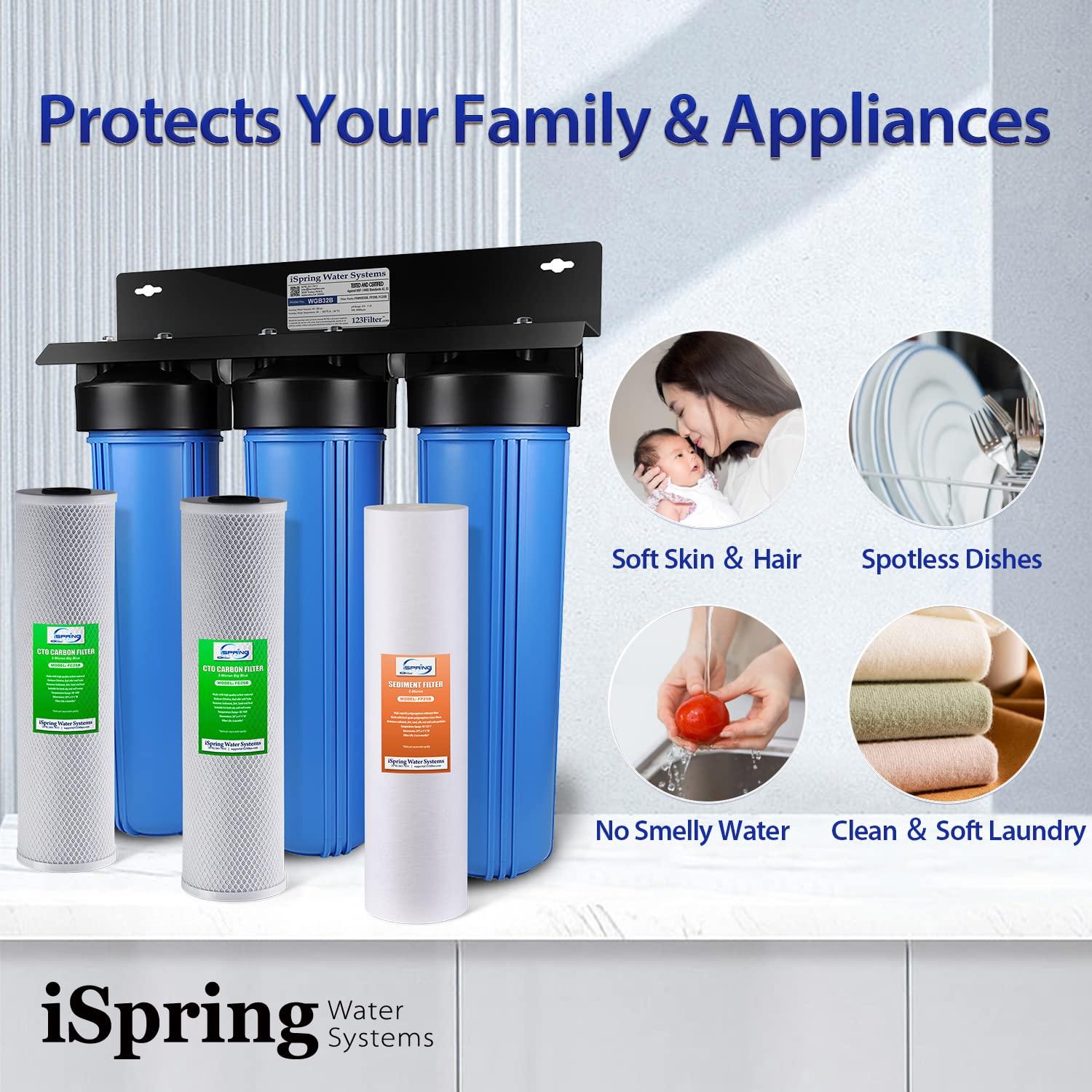 iSpring iSpring Whole House Water Filter System, Highly Reduces Sediment, Taste, Odor, and up to 99% Chlorine, 3-Stage w/ 20-Inch Sediment and Carbon Block Filters, Model: WGB32B, 1\" Inlet/Outlet