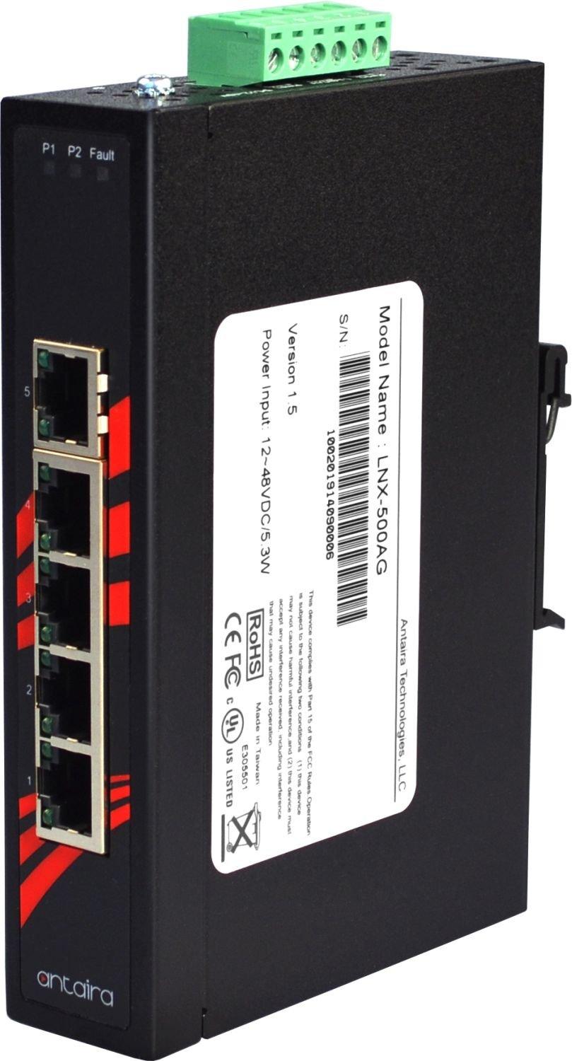 Antaira Technologies Antaira LNX-500AG Industrial-Grade 5-Port Unmanaged Gigabit Ethernet Switch, DIN-Rail Mount, -10 to 70C Operating Temperature, Redundant 12 to 48 VDC Power Input