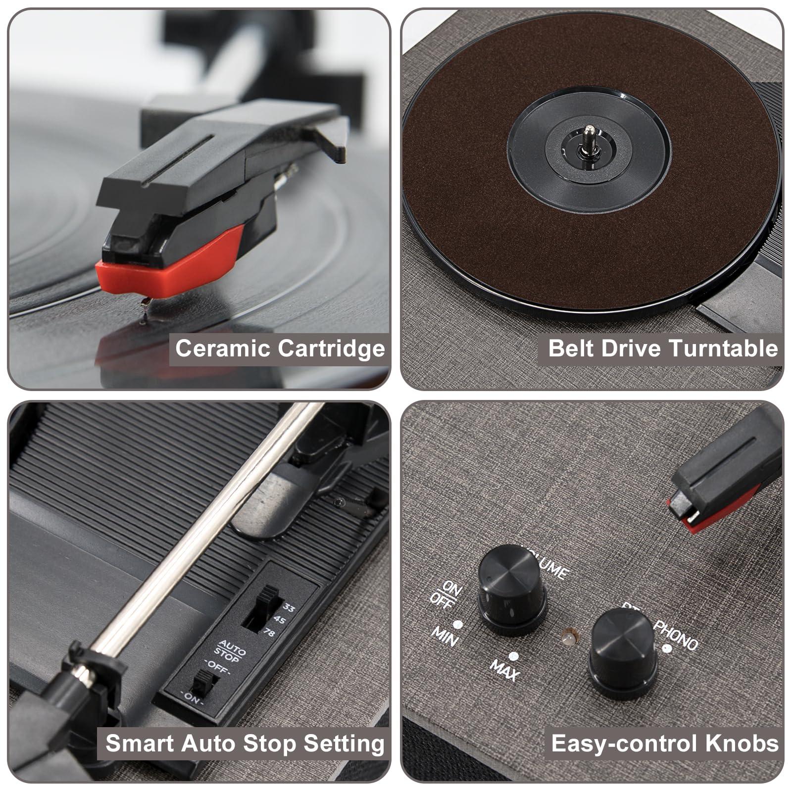 M MUSIC PUBLIC KINGDOM MPK Bluetooth Record Player,Turntable HiFi System with Bookshelf Speakers, 3-Speed Belt-Drive Vinyl Turntable for Vinyl Records with Wireless Playback and Auto-Stop,Grey Cloth Pattern