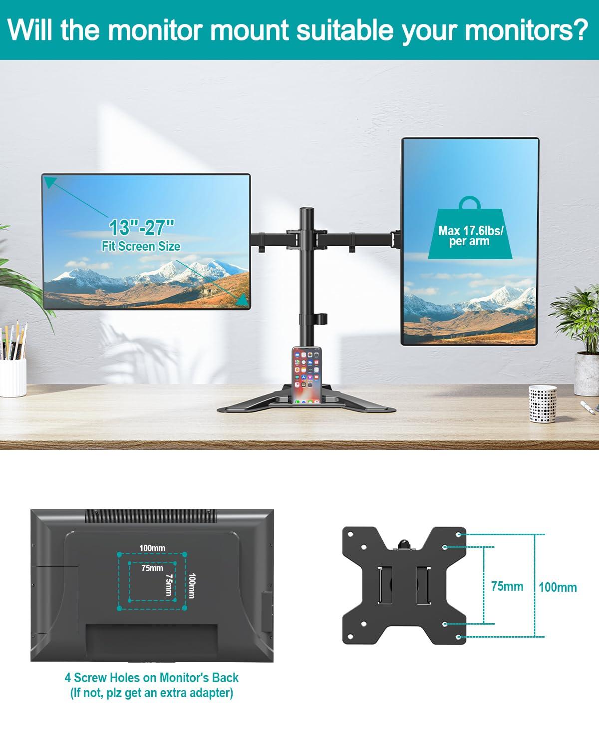 MOUNT PRO MOUNT PRO Dual Monitor Stand - Free Standing Full Motion Monitor Desk Mount Fits 2 Screens up to 27 inches,17.6lbs with Height Adjustable, Swivel, Tilt, Rotation, VESA 75x75 100x100, Black