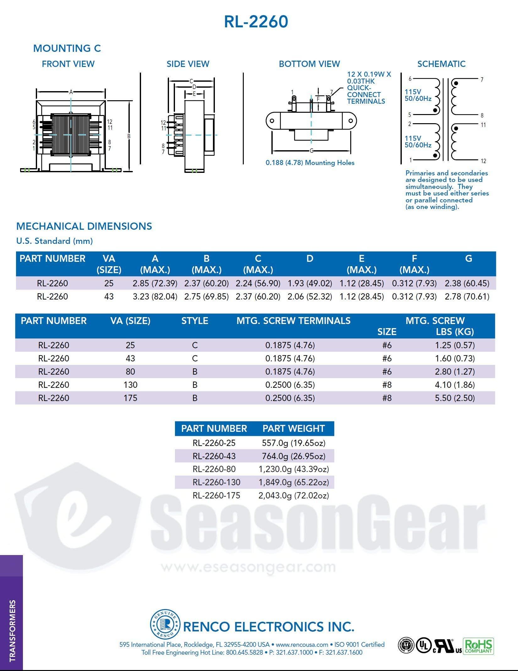 Renco Electronics Renco Electronics RL-2260-130-24 115/230 V, 12/24 V 130VA AC Power Transformer