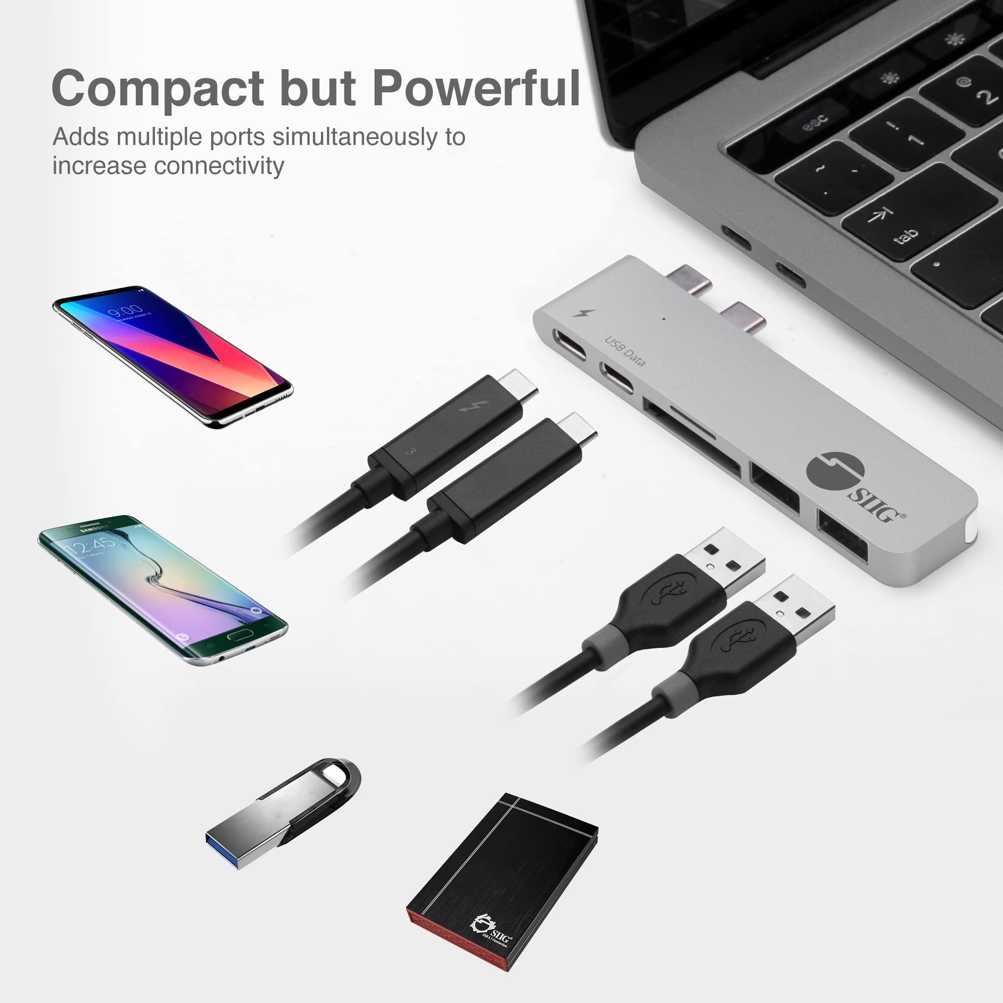 SIIG SIIG Thunderbolt 3 USB Type C Hub Adapter for 13\" or 15\" MacBook Pro - 5k Video Resolution, 40Gbps Data Speed - USB C Data Port, 2 USB 3.1, SD/Micro SD Card Reader Slot - Silver
