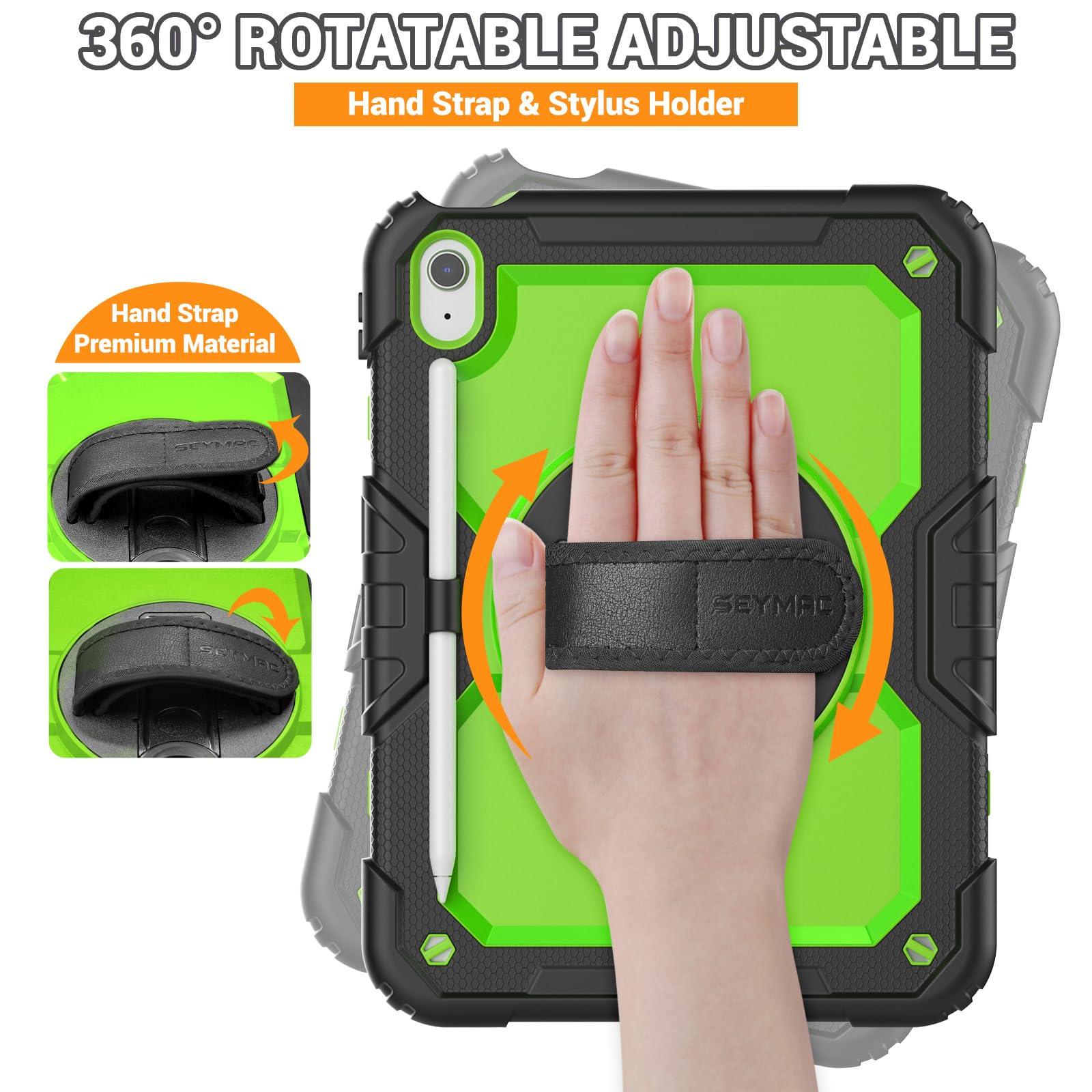 SEYMAC SEYMAC Case for iPad (A16) 11th/10th Generation 2025/2022 (11/10.9), Sturdy Heavy Duty Full-Body Shockproof Protective Case with Screen Protector, Rotating Stand, Hand/Shoulder Strap, Black/Green