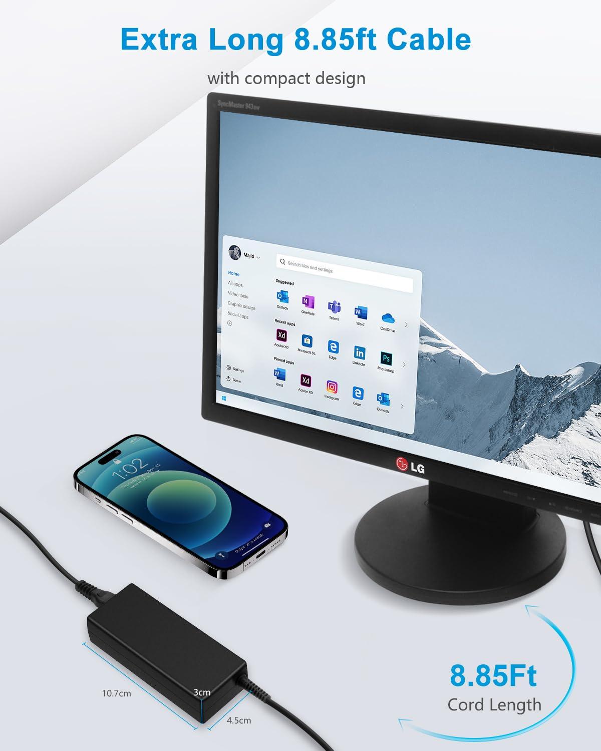 ALITOVE for LG Monitor Power Cord 19V Power Supply for LG Electronics 19" 20" 22" 23" 24" 27" 32" LED LCD HD TV Widescreen AC Adapter Replacement, 8.85ft 65W 6.5mm x 4.4mm DC Plug