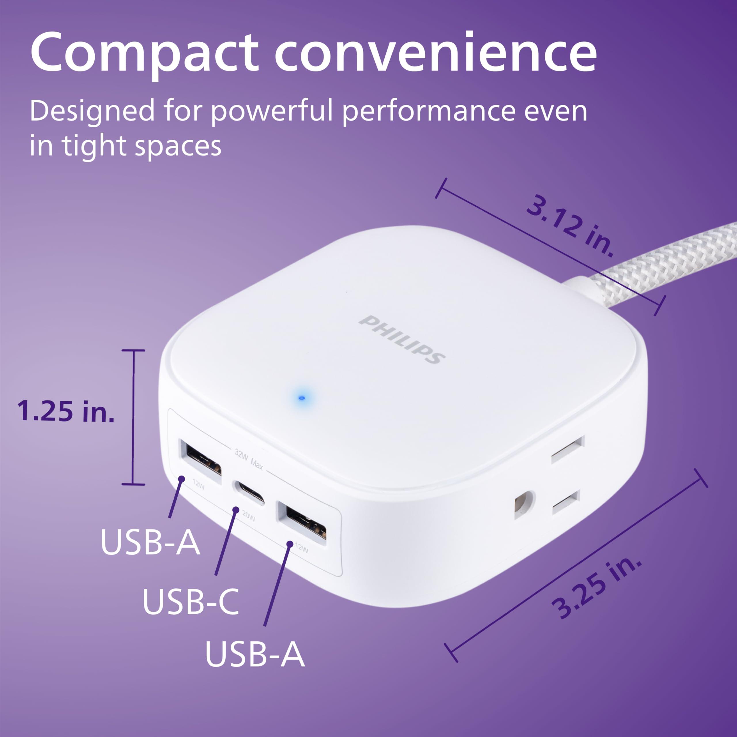 Philips Philips USB Desktop Charging Station, 32W 5 Ft USB C & A Ports, 2 Grounded Outlets, Multiport Charging Hub for iPhone 13-16 Series, iPad Pro, Braided Cord, DLP3553W/37