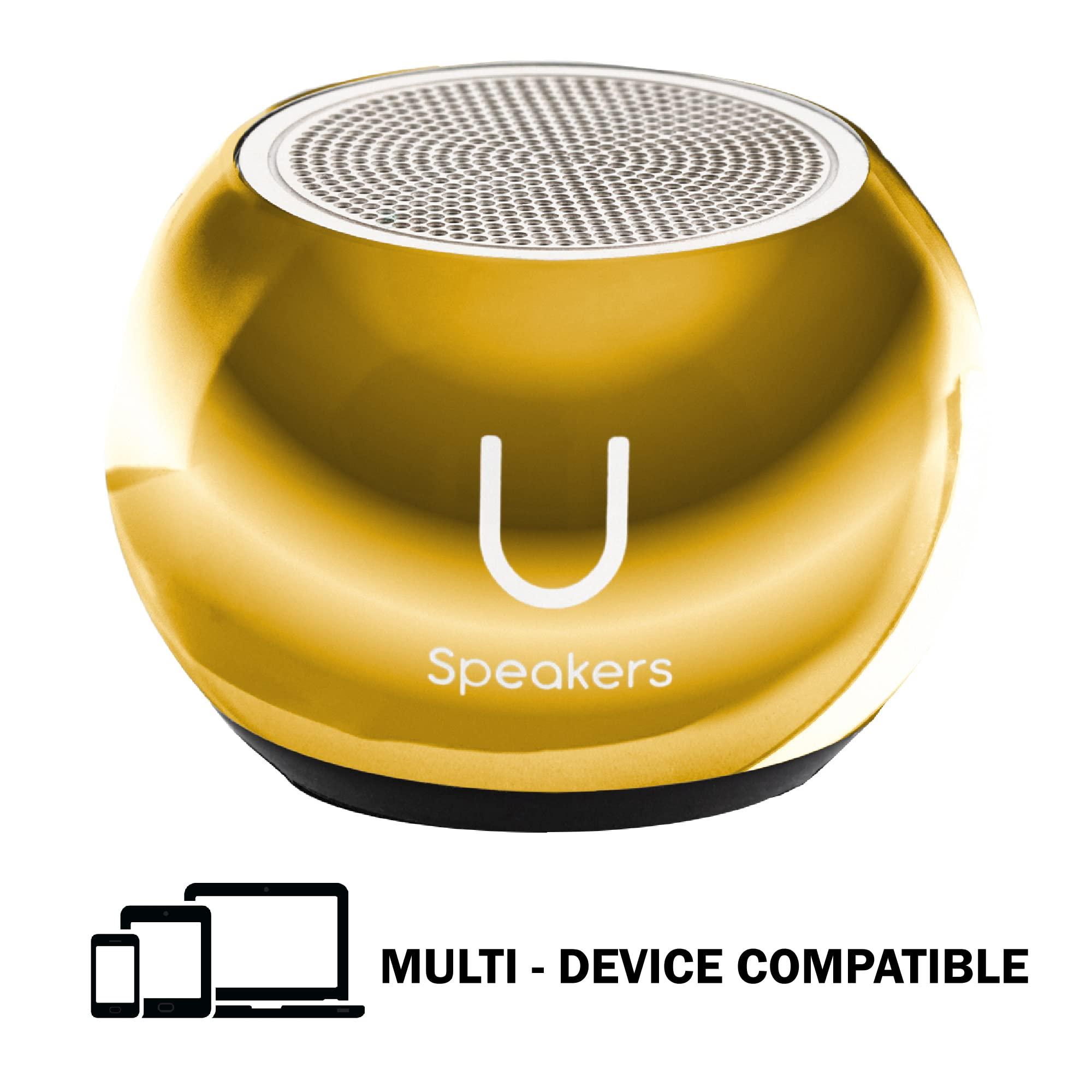 Fashionit Fashionit U Speakers Mini Bluetooth Computer Speaker 2-Pack Bundle with Matching Speaker, Built-in Mic & Selfie Remote Control, for Workspace, Desktop, Laptop, Mobile, Tablet, PC - Mirror Gold
