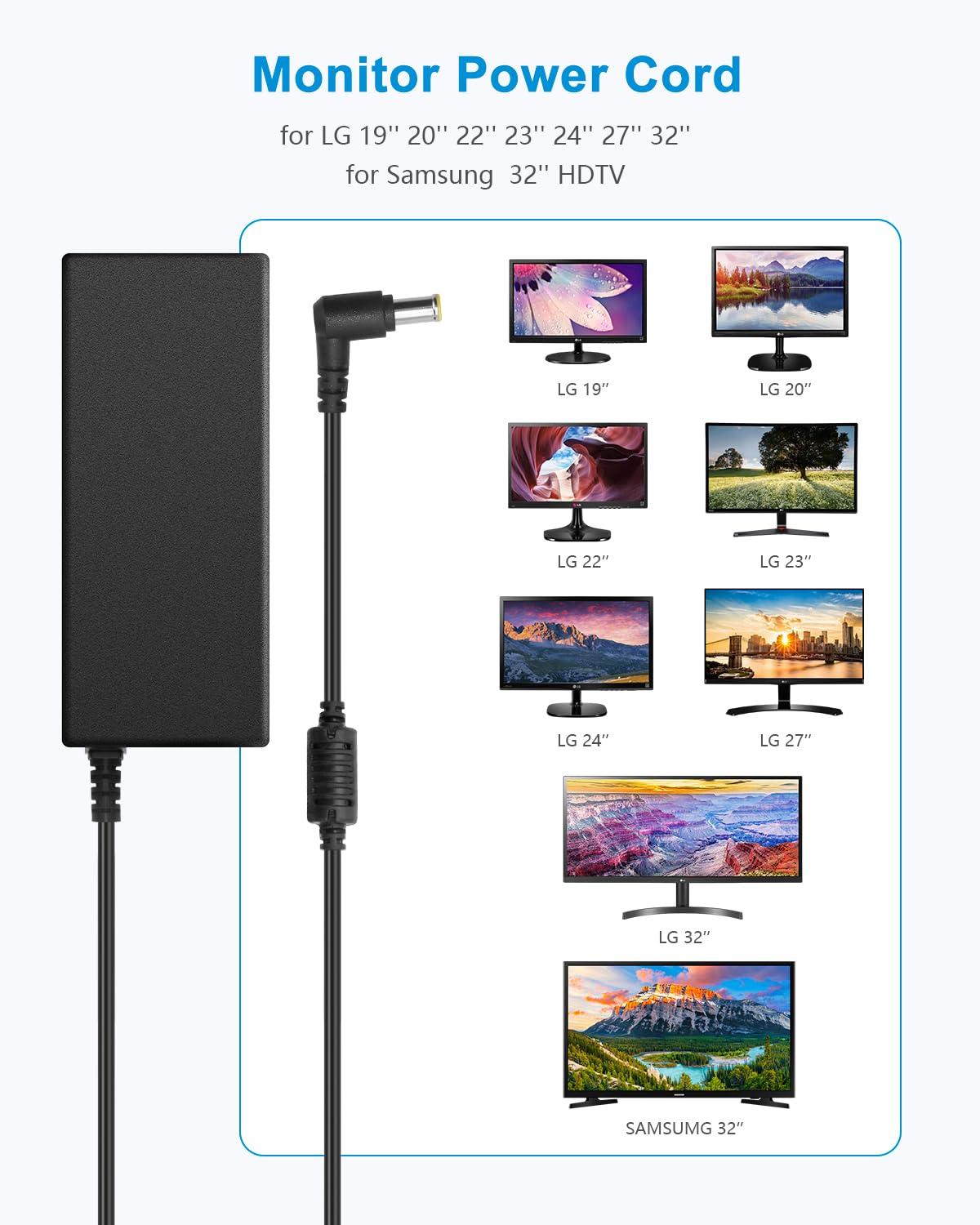 ALITOVE for LG Monitor Power Cord 19V Power Supply for LG Electronics 19" 20" 22" 23" 24" 27" 32" LED LCD HD TV Widescreen AC Adapter Replacement, 8.85ft 65W 6.5mm x 4.4mm DC Plug