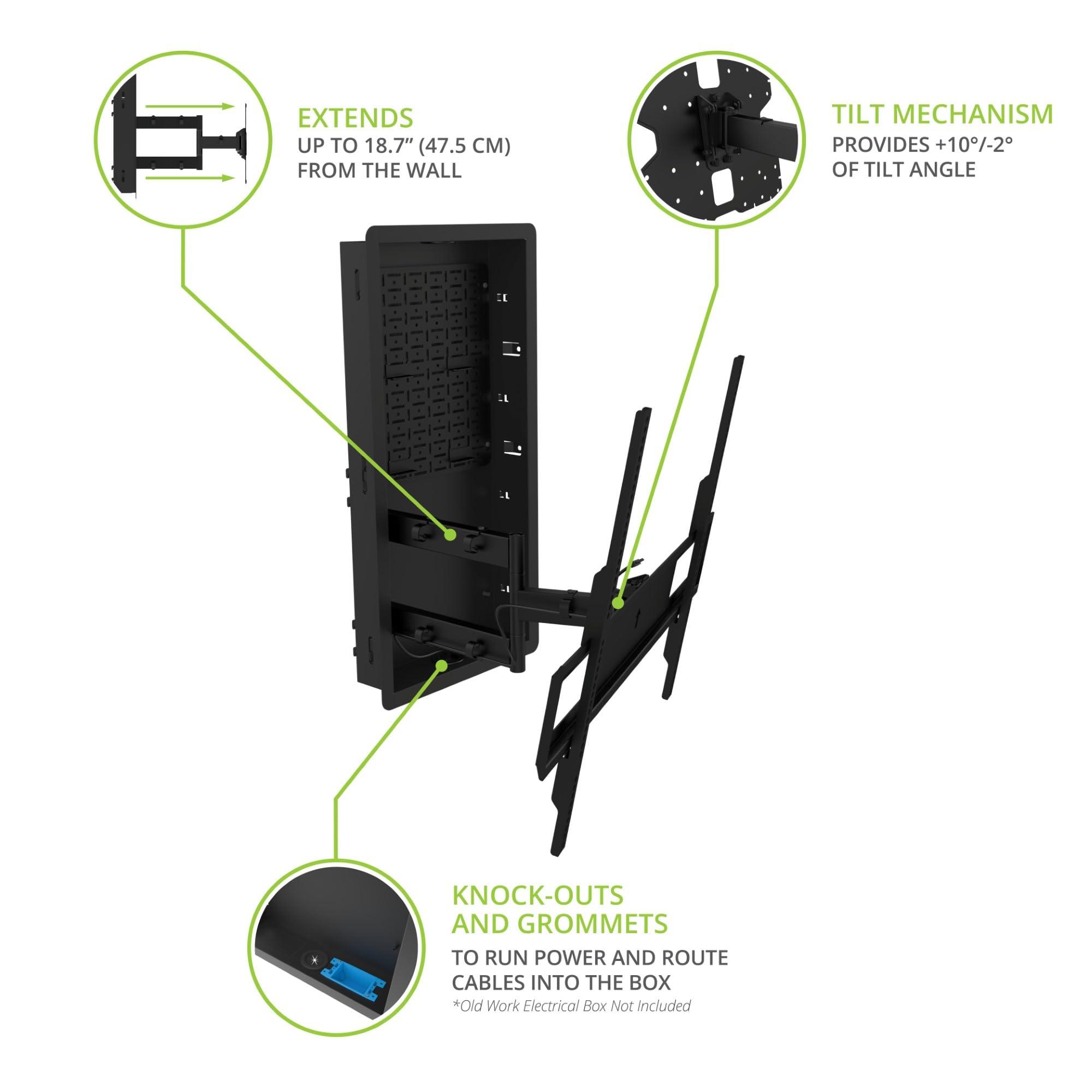 Kanto Kanto R600 Recessed in-Wall Articulating TV Mount for 65\" - 90\" TVs | Fits Large TV Breakout Boxes & Other Gear | Accessory Plate with Space for Full Size AV Gear | Install Between 16\" Studs