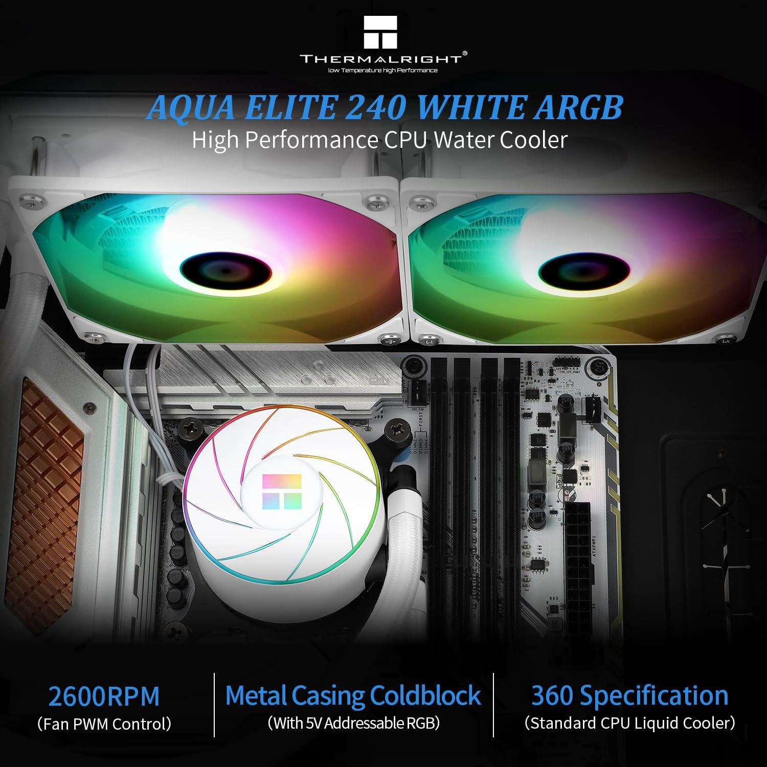 Thermalright Thermalright Aqua Elite 240 White ARGB Liquid CPU Cooler, 240 Cooling Row Size, Double PWM Fans,1550RPM Speed,for AMD/AM4/AM5,Intel LGA1150/1151/1155/1156/1200/2011/1700/1851(White)