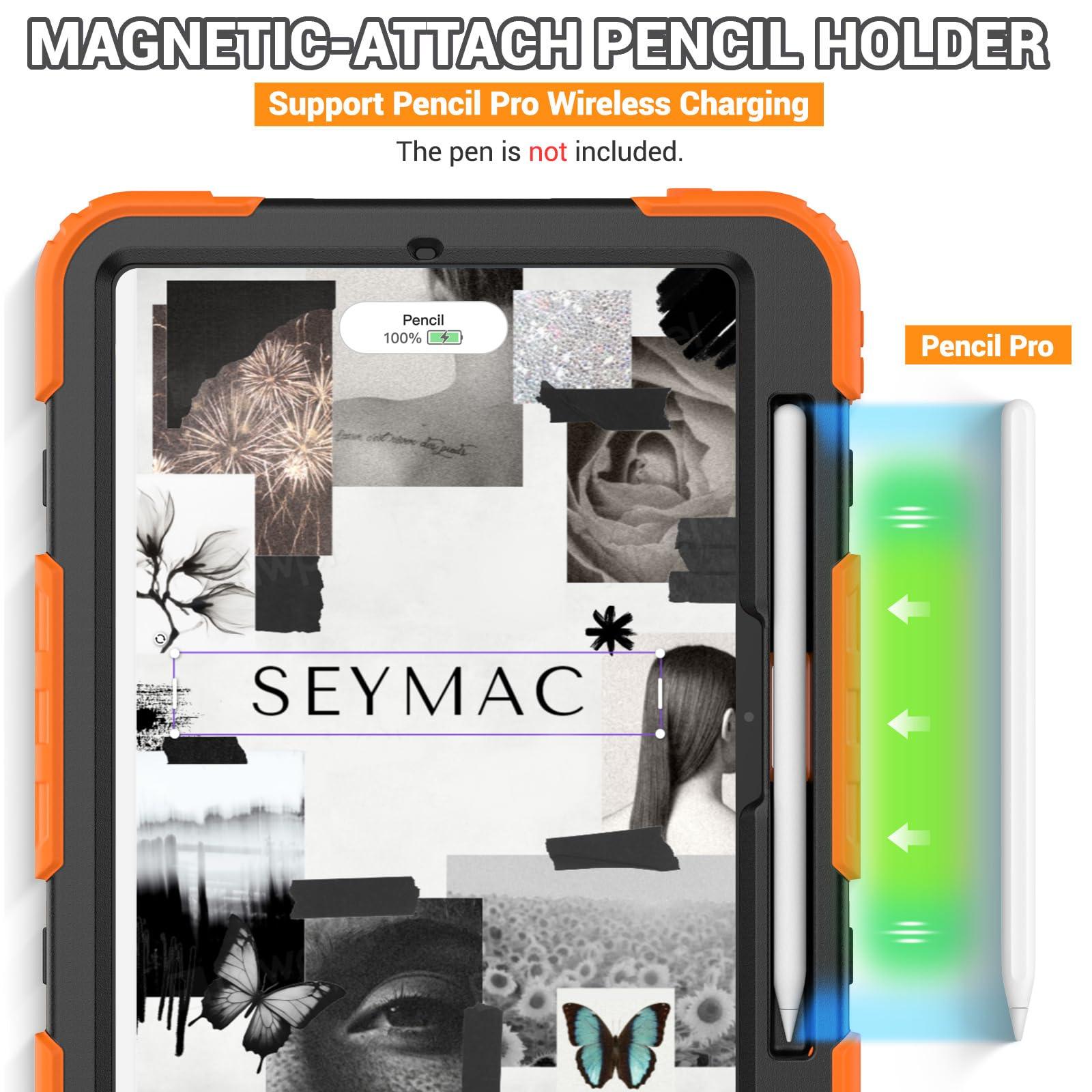 SEYMAC SEYMAC for iPad Pro 11 Inch Case 2024 (M4), Heavy Duty Shockproof Protective Case with Screen Protector, 360 Rotating Stand, Hand/Shoulder Strap and Pen Holder for iPad Pro 11 2024, Orange