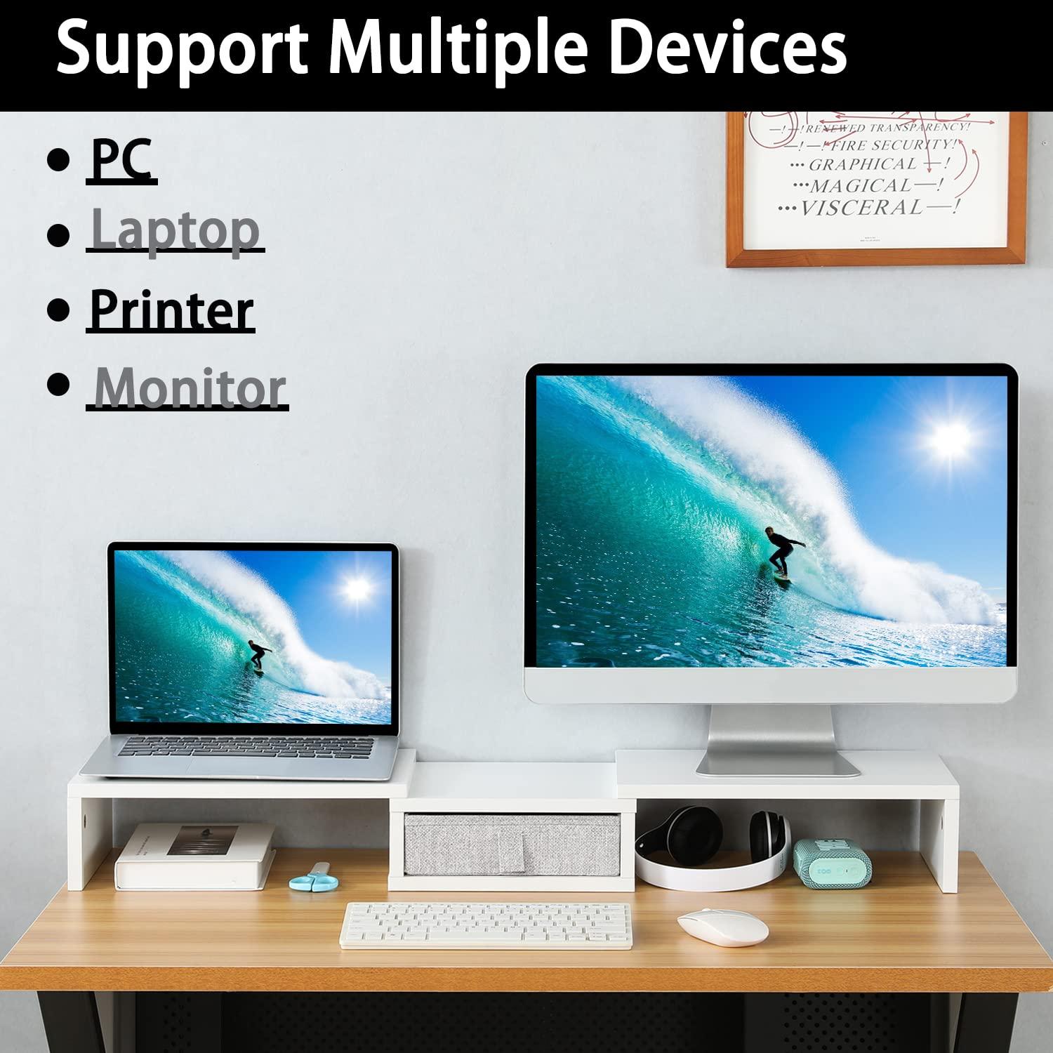 TEAMIX TEAMIX White Dual Monitor Stand Riser with Drawer - Length and Angle Adjustable Double Corner Desk Shelf Organizer 37 inch Long for 2 Laptop/PC/Screen/TV