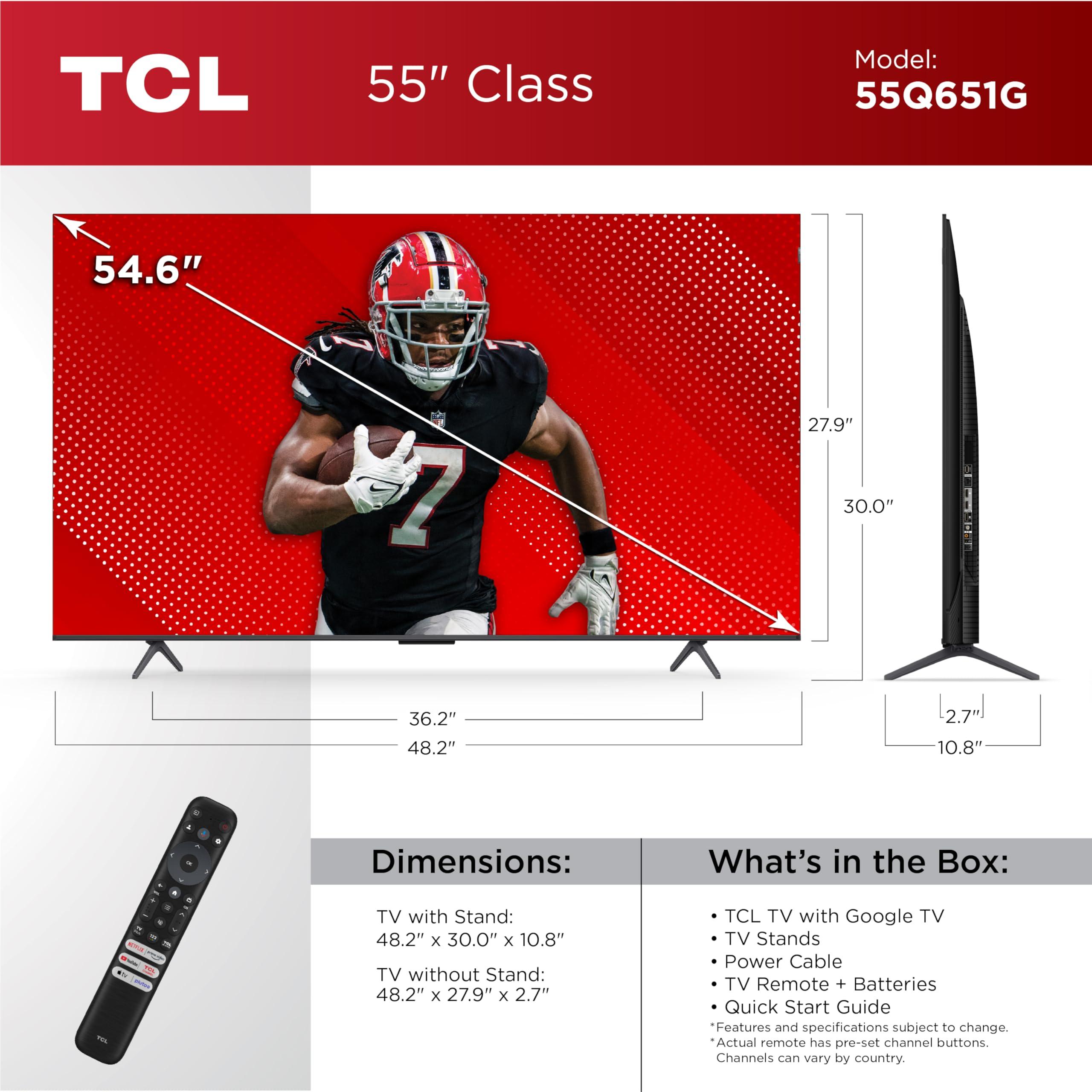 TCL TCL 55-Inch Q65 QLED 4K UHD Smart TV with Google TV (55Q651G, 2024 Model) Dolby Vision, Dolby Atmos, HDR Pro+, Game Accelerator Enhanced Gaming, Voice Remote, Works with Alexa, Streaming Television