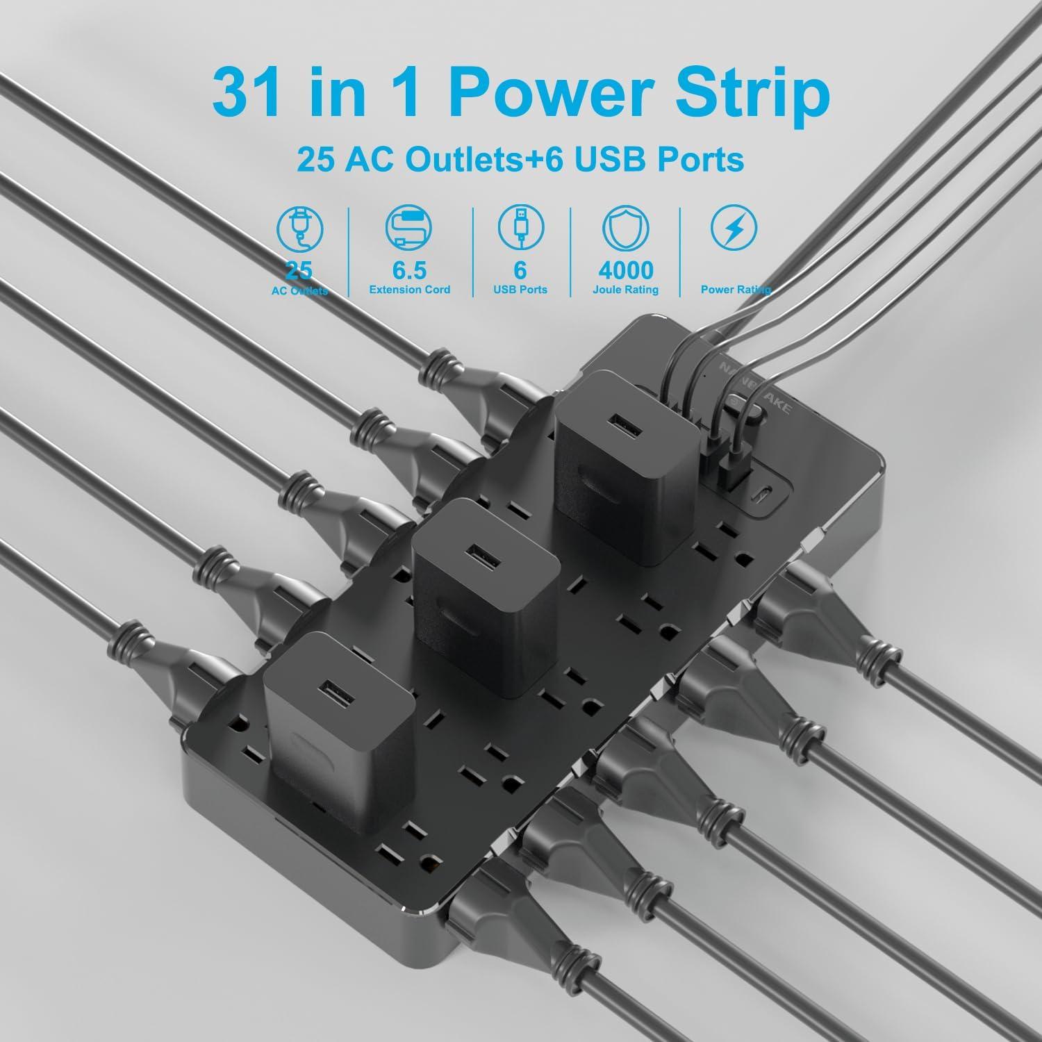 NANOLAKE Large Surge Protector Power Strip with USB Ports (4A+2C),Heavy Duty Extension Cord 14 Gauge 6.5 Ft,4000 Joules Surge Protection,25 Spaced AC Outlets,for Commercial,Home,Office,Dorm,Black,ETL Listed