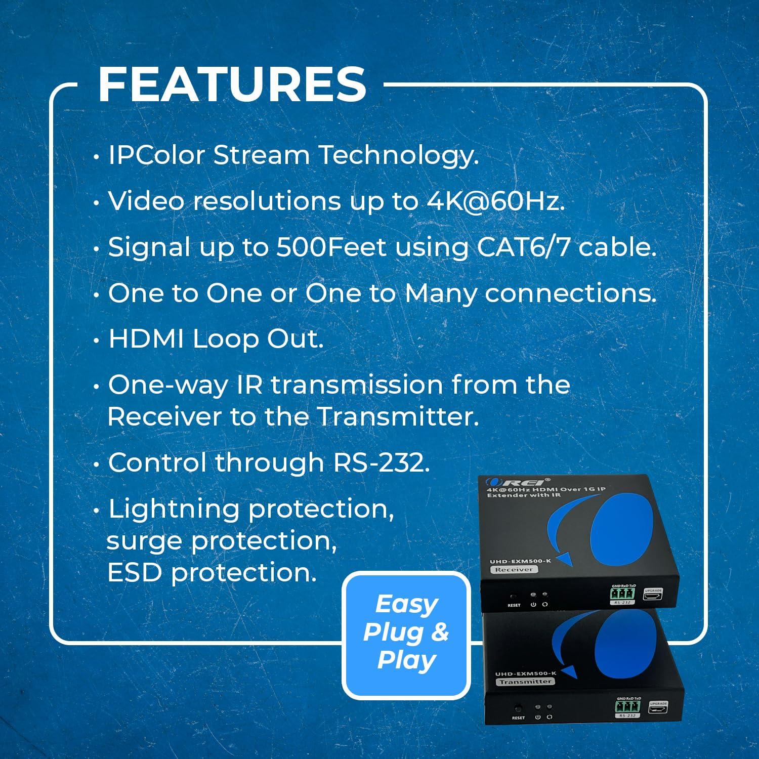 OREI 4K HDMI Extender Over IP CAT6 by OREI 4K@60Hz One to Many Upto 330 Feet, Loop Out - Send to Multiple Locaiton Over 1G Switch (UHD-EXM500-K)