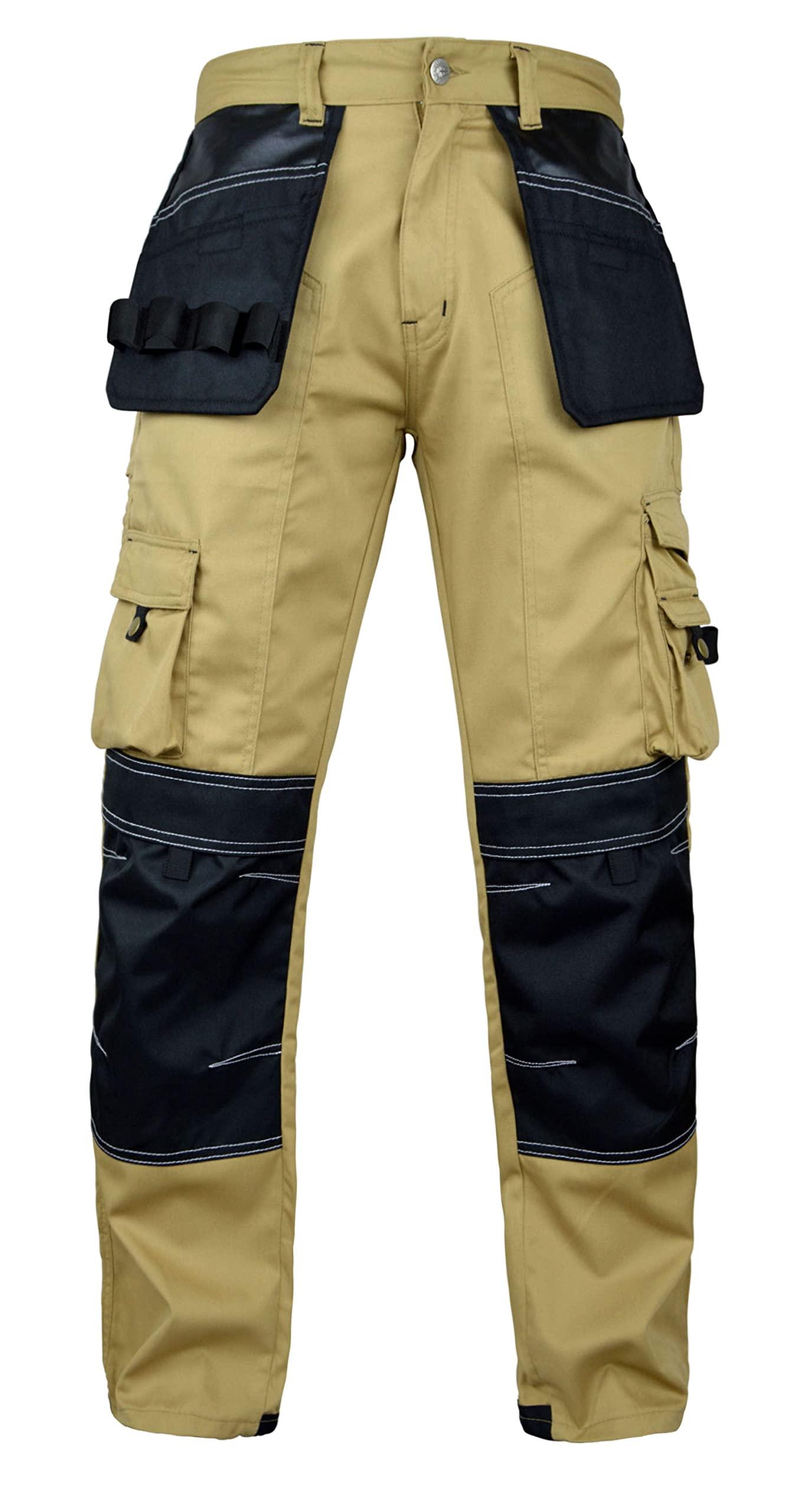 FASHIO FF FASHIO FF Men\'s Cordura Work Pants Tactical Trousers with Utility Tool Pockets Heavy Duty Reinforced Carpenter Safety Pants S1 Khaki W38-L34