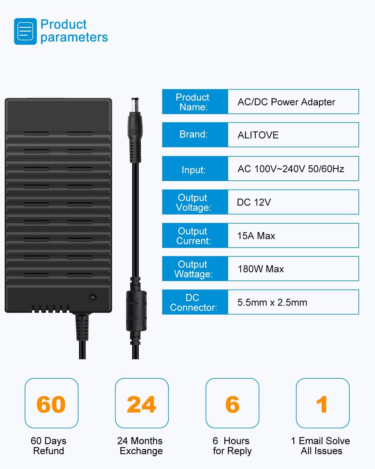 ALITOVE ALITOVE 12V 15A Power Supply DC 12 Volt 15amp 180W LED Driver Power Adapter AC to DC Converter 10A 5A Low Voltage Transformer 5.5x2.5 2.1mm Barrel for DC12V Device LED Light Printer Fan Pump Camera