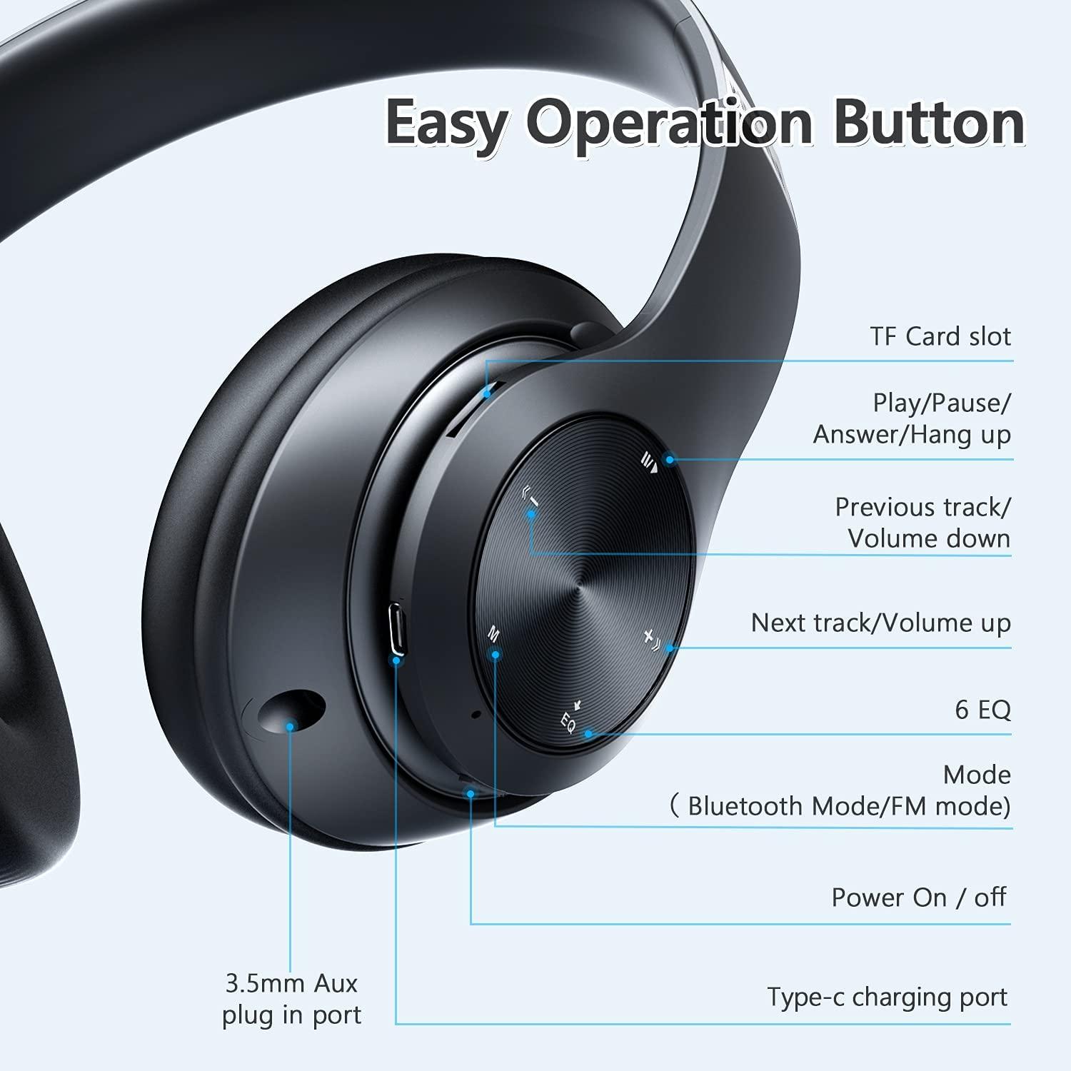 Tuitager Bluetooth Headphones Over Ear, 60 Hours Playtime Foldable Headphones Wireless Bluetooth Hi-Fi Stereo Deep Bass with 6 EQ Modes, Adjustable Lightweight Headset with Microphone, FM, SD/TF for Adults