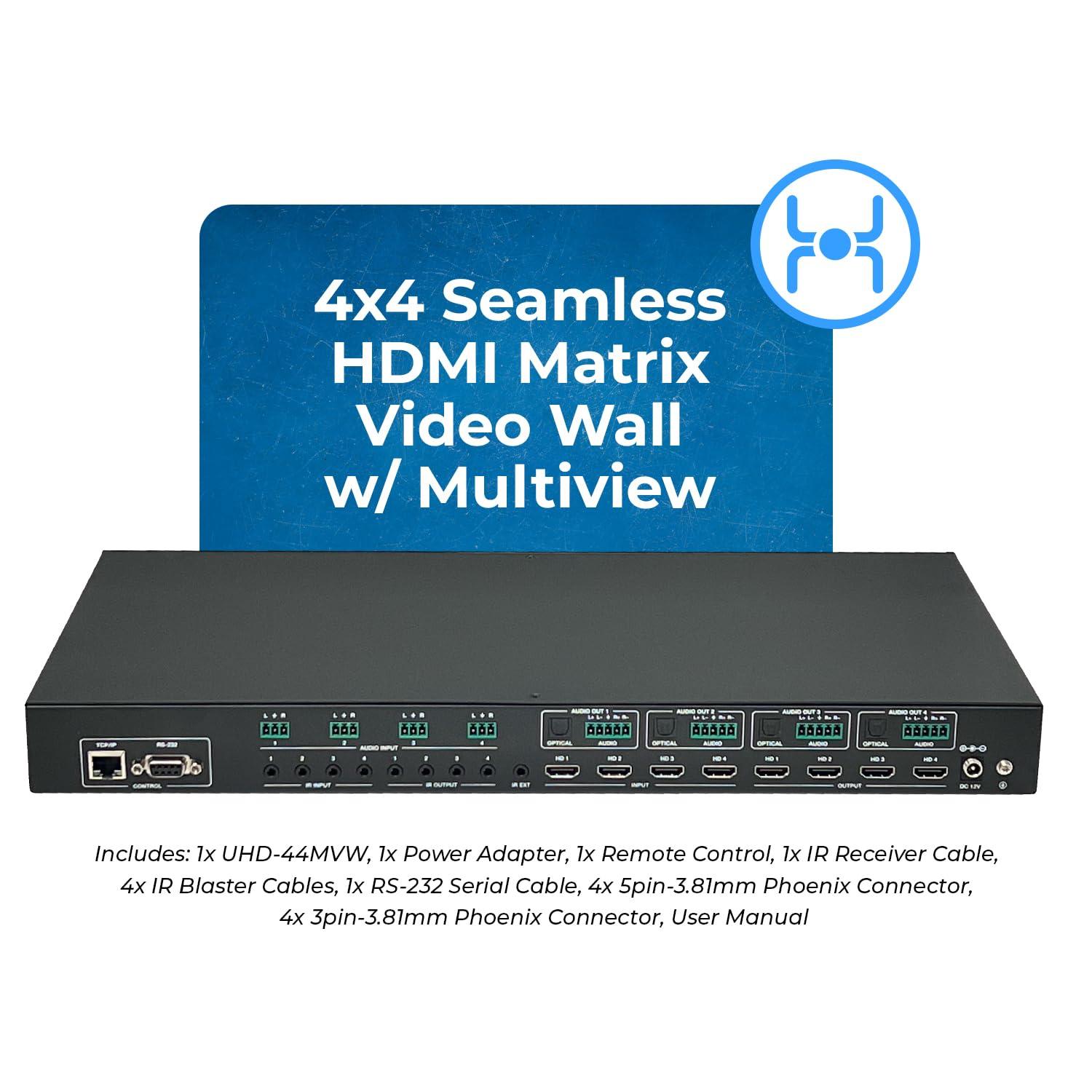 OREI OREI 4K 4x4 HDMI Matrix Video Wall Controller Processor Multiviewer Display Upto 4K 60hz 2x1, 1x2, 1x3, 1x4 Supports 180 Degree Rotate RS-232 Audio Extraction (UHD-44MVW)