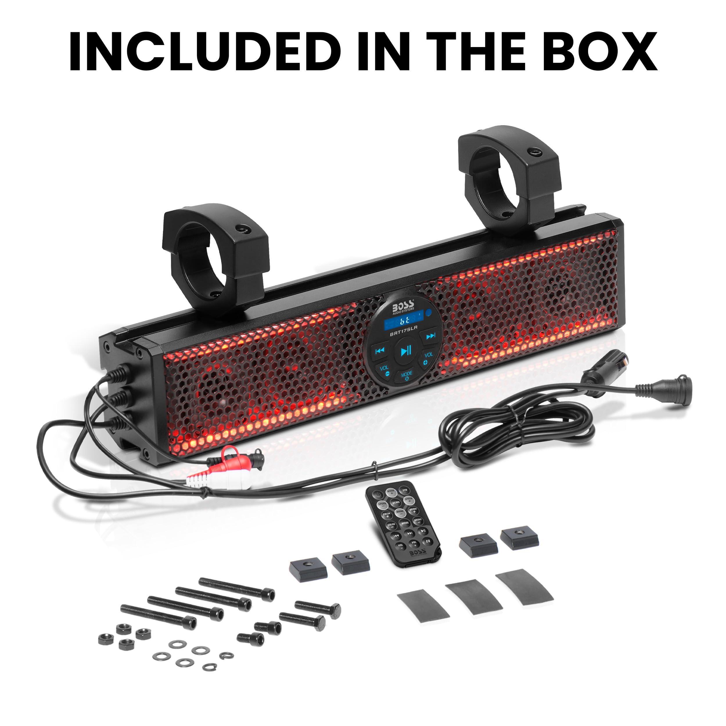 BOSS Audio Systems BOSS Audio Systems BRT17SLR ATV UTV Sound Bar - 17 Inches Wide, 3 inch Speakers, 1 Inch Tweeters, Full Range, IPX5 Weatherproof, Bluetooth, Built-in Amp, Multicolor Illumination, Golf Cart Compatible