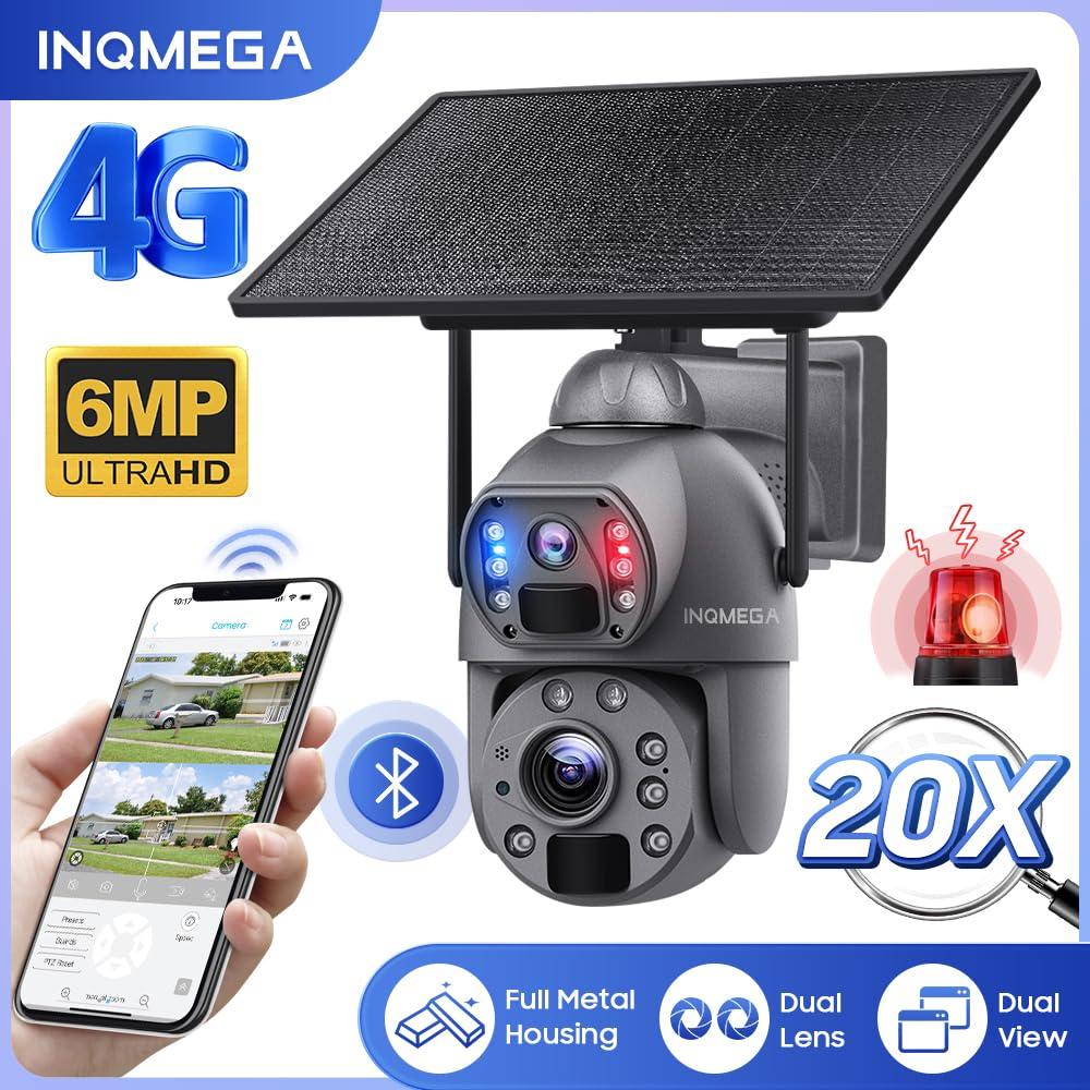 INQMEGA INQMEGA Metal 20X Optical Zoom 6MP Dual-Lens Security Solar Cameras, 4G Cellular 20000mA Battery Powered Camera with 10W Solar Panel, PIR Motion Detection, Color Night Vision, Include 4G Card