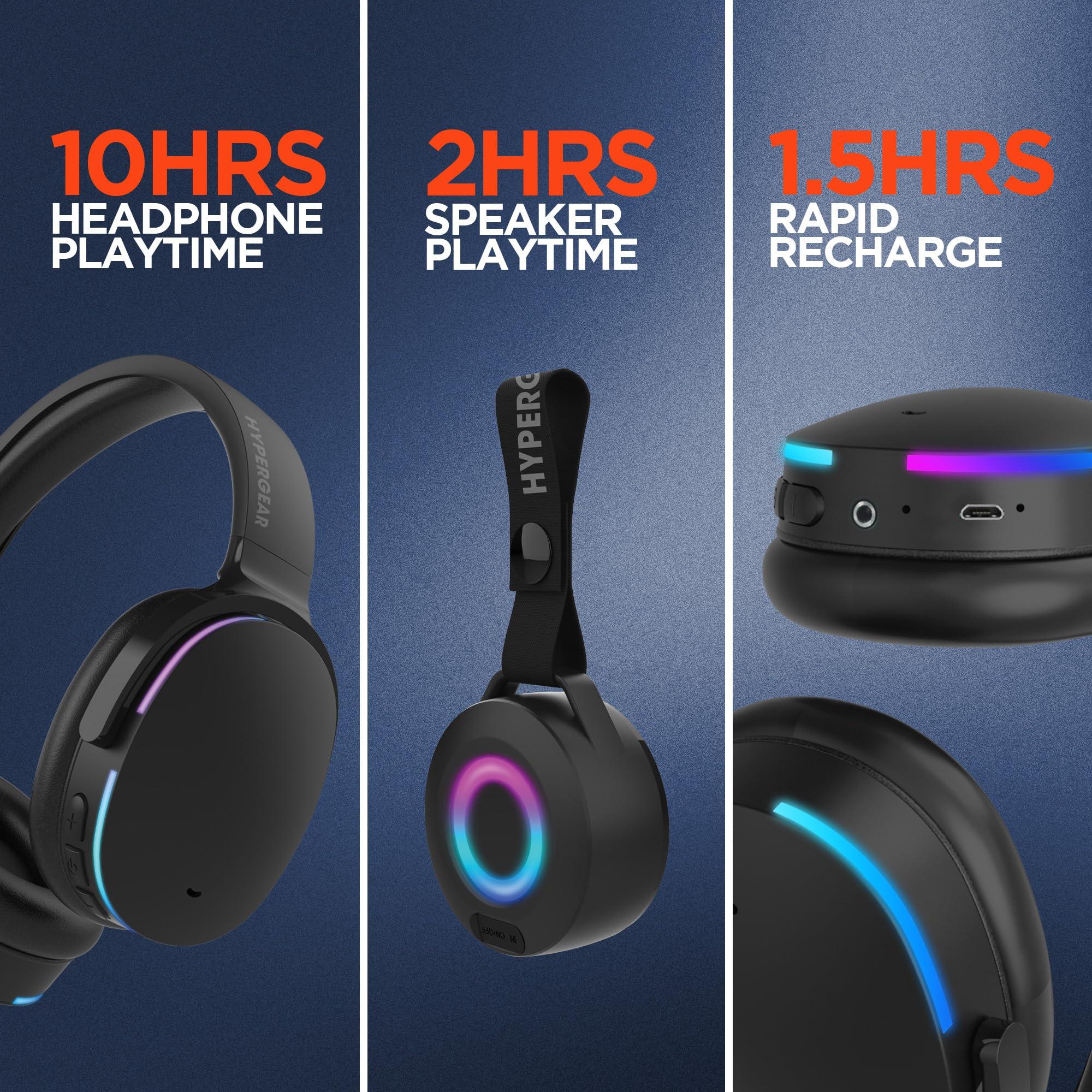 HyperGear HyperGear Wireless Bluetooth Headphones + Loud HD Stereo Sound Speaker Over-Ear Noise-Isolating Fit Headset with Built-in Mic [LED Light Up Earphones + Speaker] Black