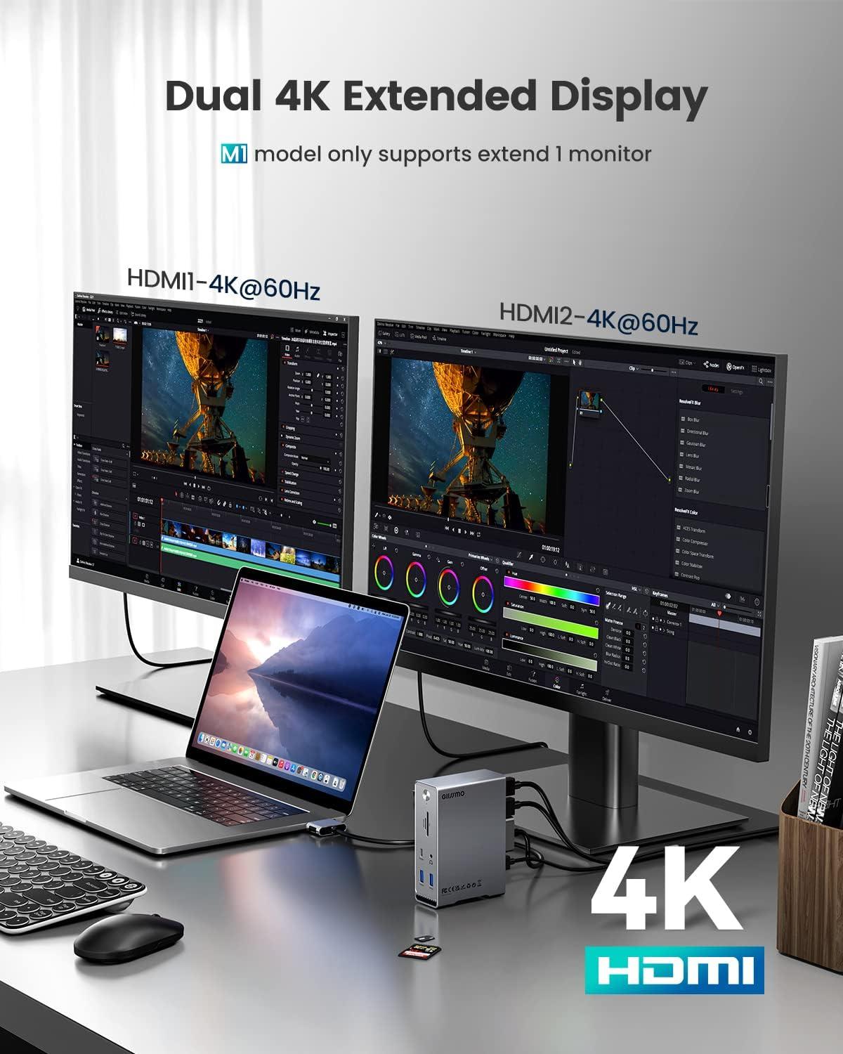 GIISSMO MacBook Pro Docking Station, 14-in-2 Dual USB C Docking Station Dual Monitor for MacBook Pro (Not M1) with Dual 4K HDMI 60Hz, 10Gbps USB A/C,3 USB 3.0,2USB 2.0 RJ45, Audio, SD/TF Slots, 100W PD