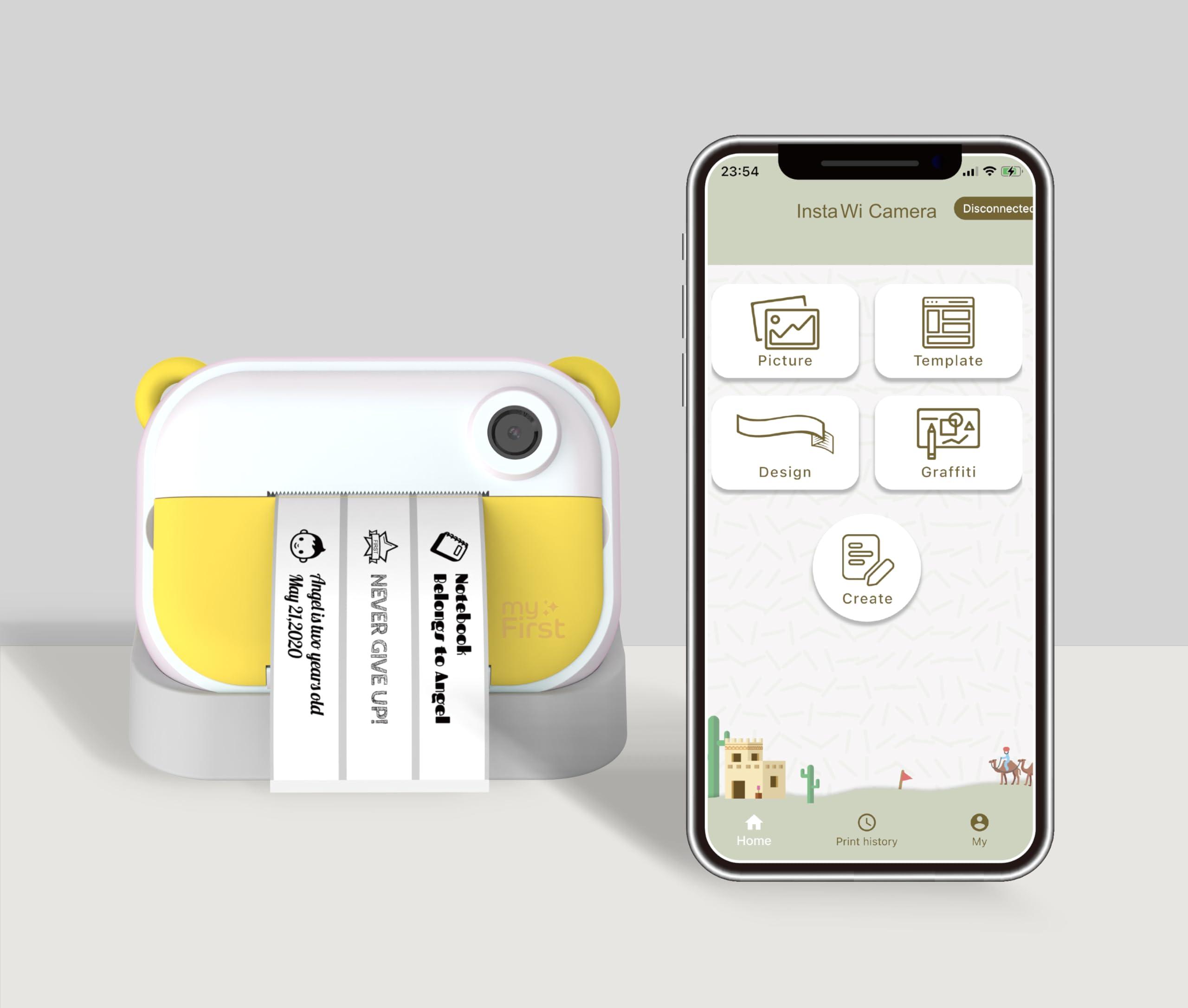 Oaxis myFirst Camera Insta Wi - Kids Digital Camera Instant Print, Label Maker, Unlimited Printing, 12MP Photos 1080P Video and Selfie Lens, Memory Card, Neck Lanyard, for Kids 3-12 (Yellow)