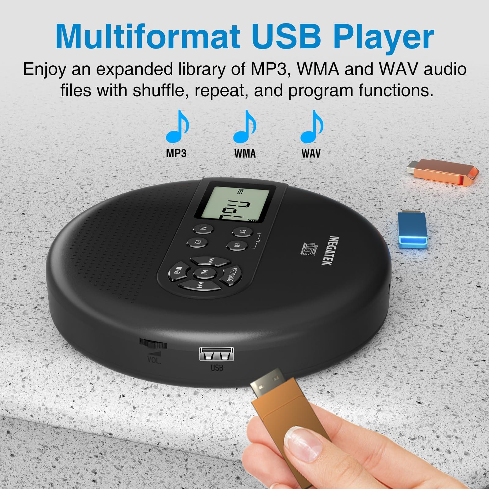 MEGATEK MEGATEK Portable CD Player with Dual Stereo Speakers and 60 Seconds Anti Skip, Personal Walkman CD Player for Car with Headphones, USB Port, Bluetooth and FM Transmitter, 2000mAh Rechargeable Battery