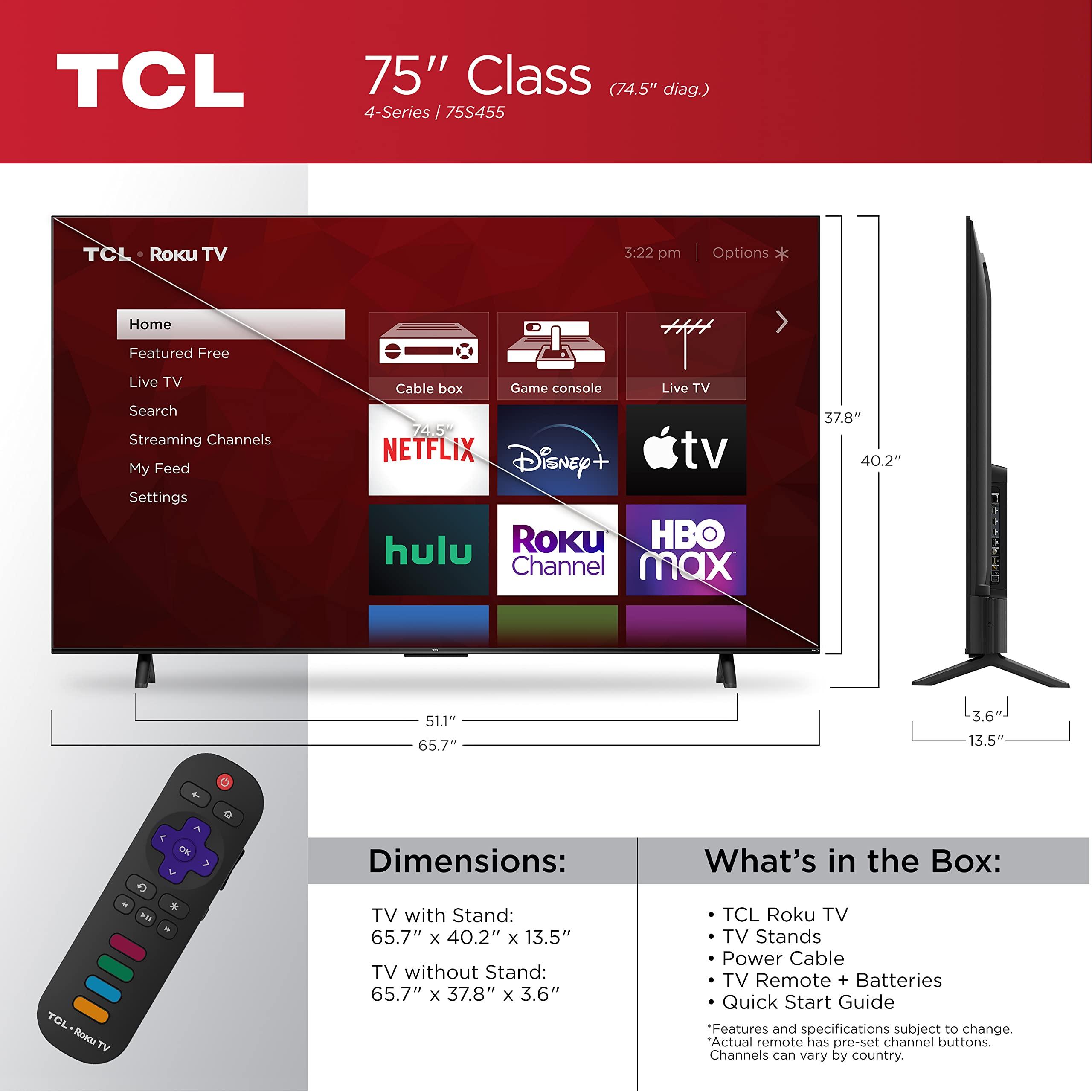 TCL TCL 75" Class 4-Series 4K UHD HDR Smart Roku TV( Wi-Fi, RF, USB, Ethernet, HDM)I - 75S455