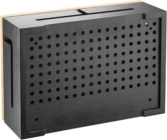 Kos Design Cable Management Box with Magnetic Bamboo Lid & Cable Ties- Elegant, Durable Cable Organizer Box to Hide Cords and Power Strip- Wall Mountable Cable Box Hider for Home, Office, Desk & More (Black)
