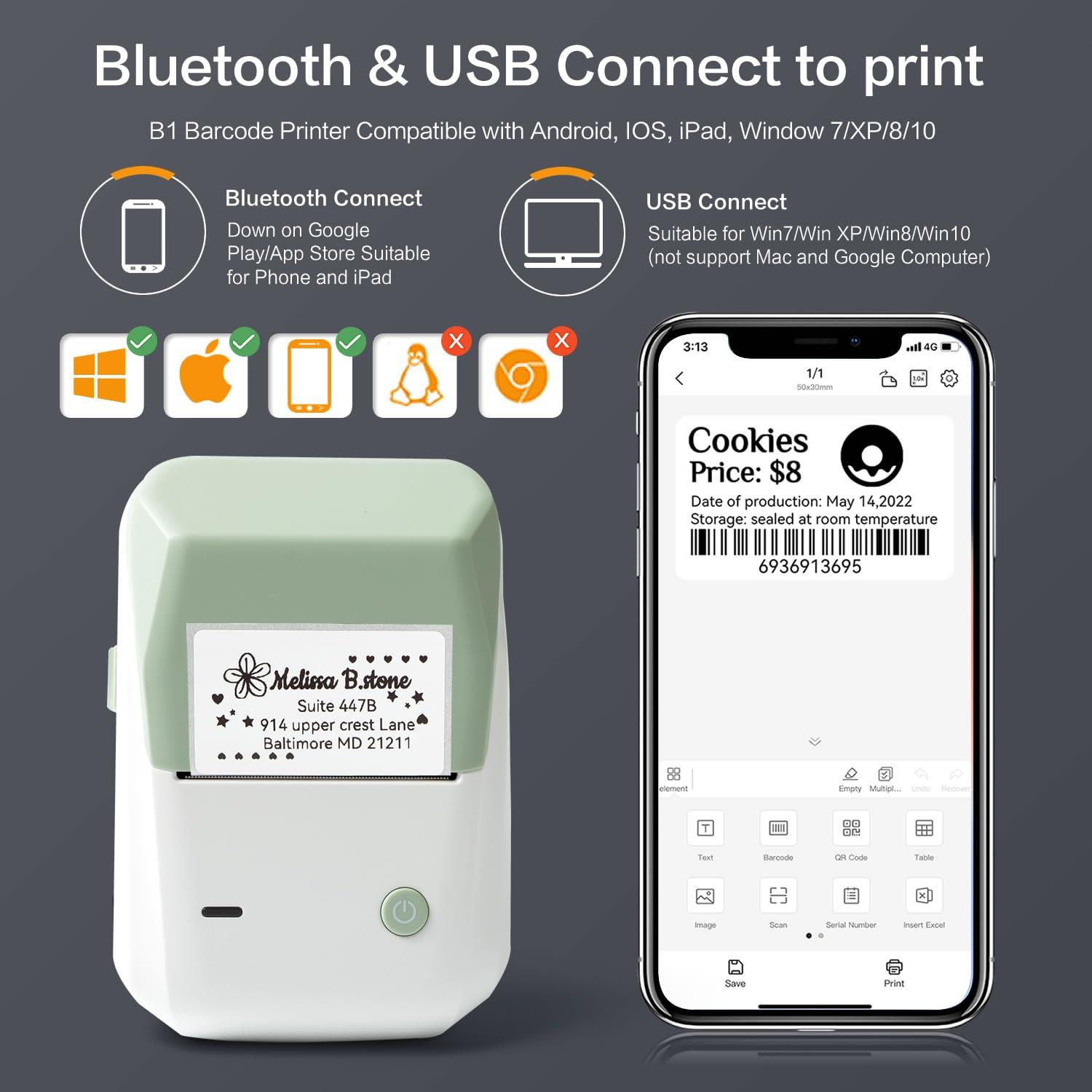 LMASBLTER LMASBLTER Green B1 Label Maker, 2 Inch Barcode Printer, Portable Sticker Maker Machine for Barcode, Name, Address, Labeling, Mailing+2 Rolls Jewelry Price Tags Label Maker Tape