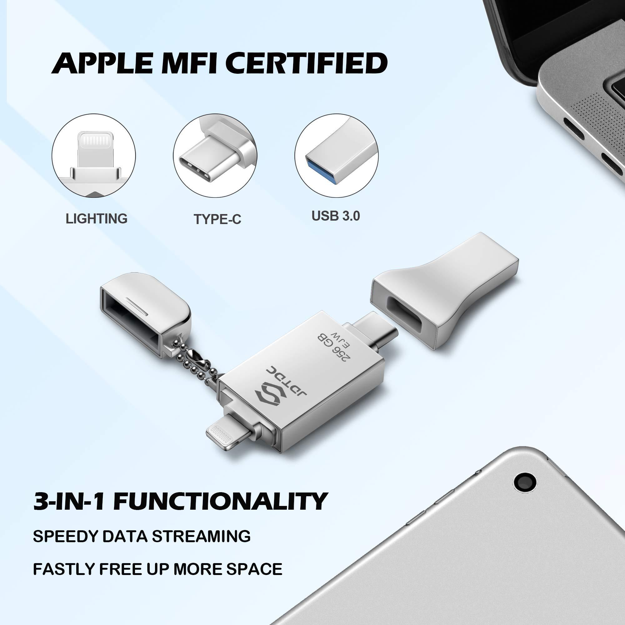 JSL JDTDC 256GB Apple MFi Certified iPhone-Photo-Stick, 3 in 1 USB C Photo-Stick-for-iPhone-Flash-Drive iPhone Memory-Stick Thumb Drives iPhone Backup Memory Stick for iPhone 16 15 14 13 12 iPad Android PC